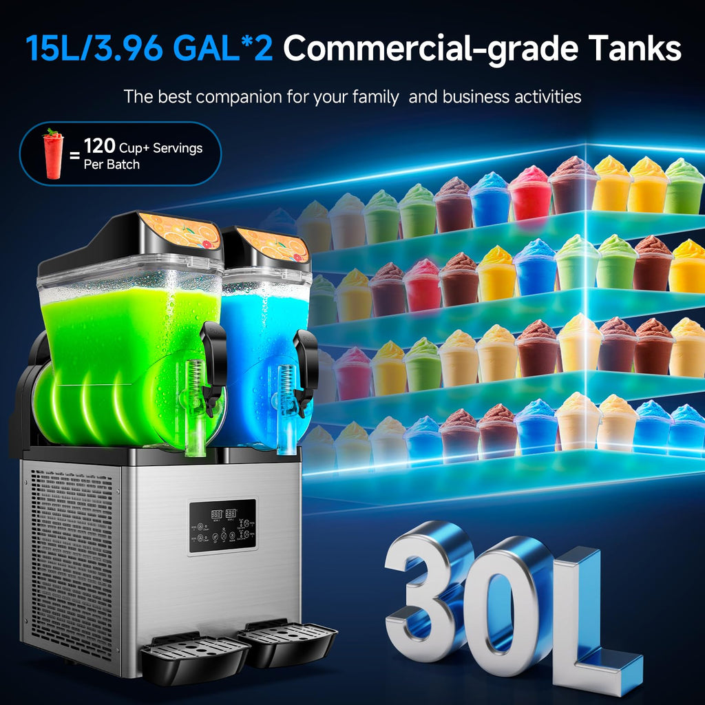 Slushy Machine,15L x2 Double Tanks Comercial Margarita &Slushie Machine,120+ Cups 1000W 110V Electric Large Daiquiri Machine with Self-cleaning Mode,for Home Party Restaurants Cafe Bars