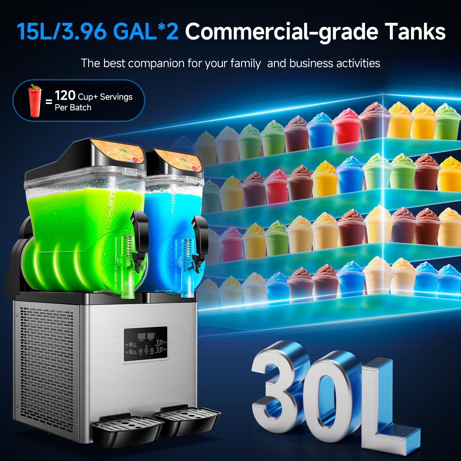 Slushy Machine,15L x2 Double Tanks Comercial Margarita &Slushie Machine,120+ Cups 1000W 110V Electric Large Daiquiri Machine with Self-cleaning Mode,for Home Party Restaurants Cafe Bars