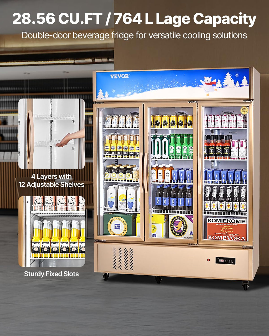 VEVOR Commercial Merchandiser Refrigerator 2 Glass Doors, 23 Cubic Ft, Upright Display Beverage Cooler 79" Tall x 39.4" Width, Fridge with LED Lighting for Drink Wine Soda, Gold