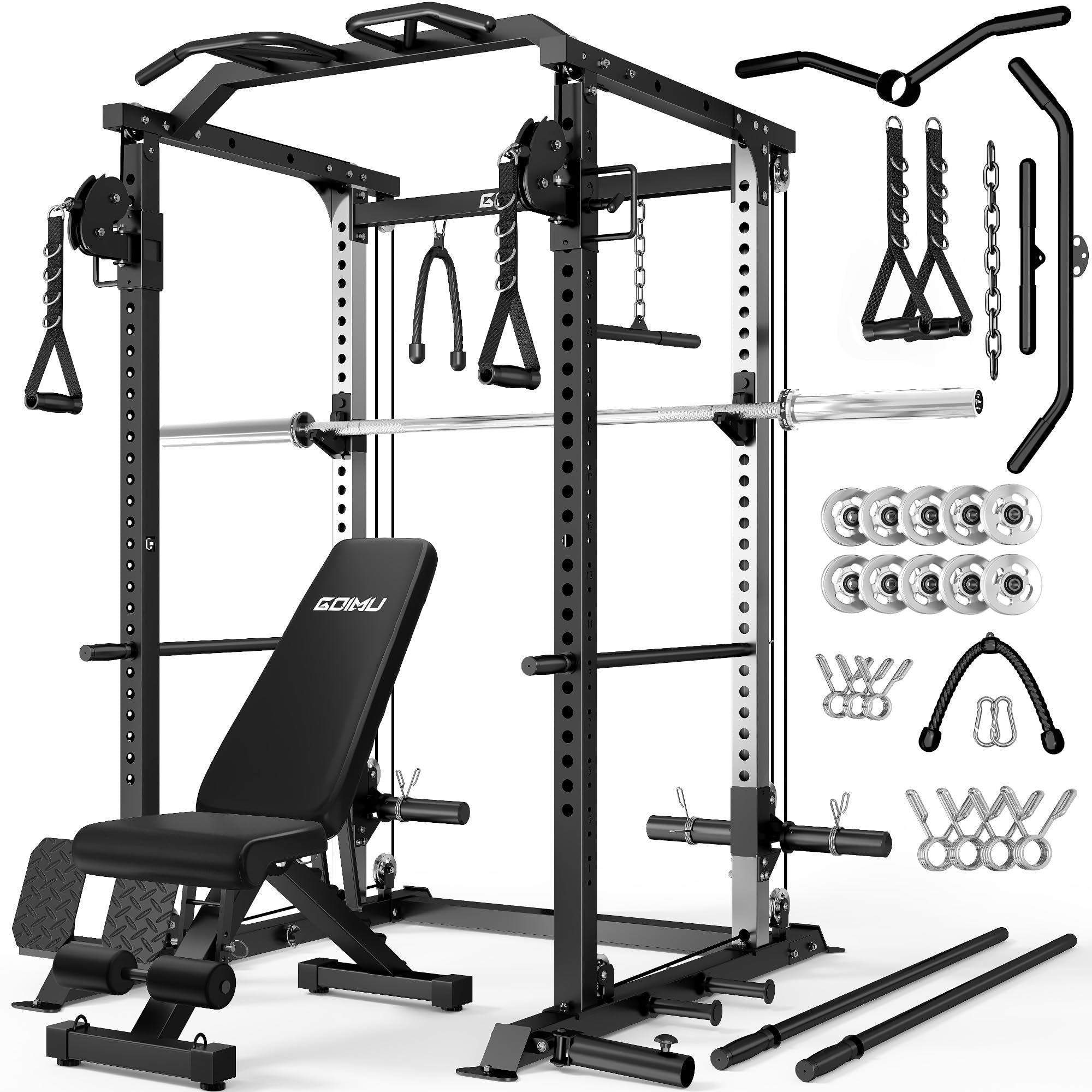 DP01 Power Cage, 2000LBS Squat Rack with with Cable Crossover and Dual Independent Pulley System, Full Cage for Full Body Training, Power Rack with More Training Attachments for Home Gym