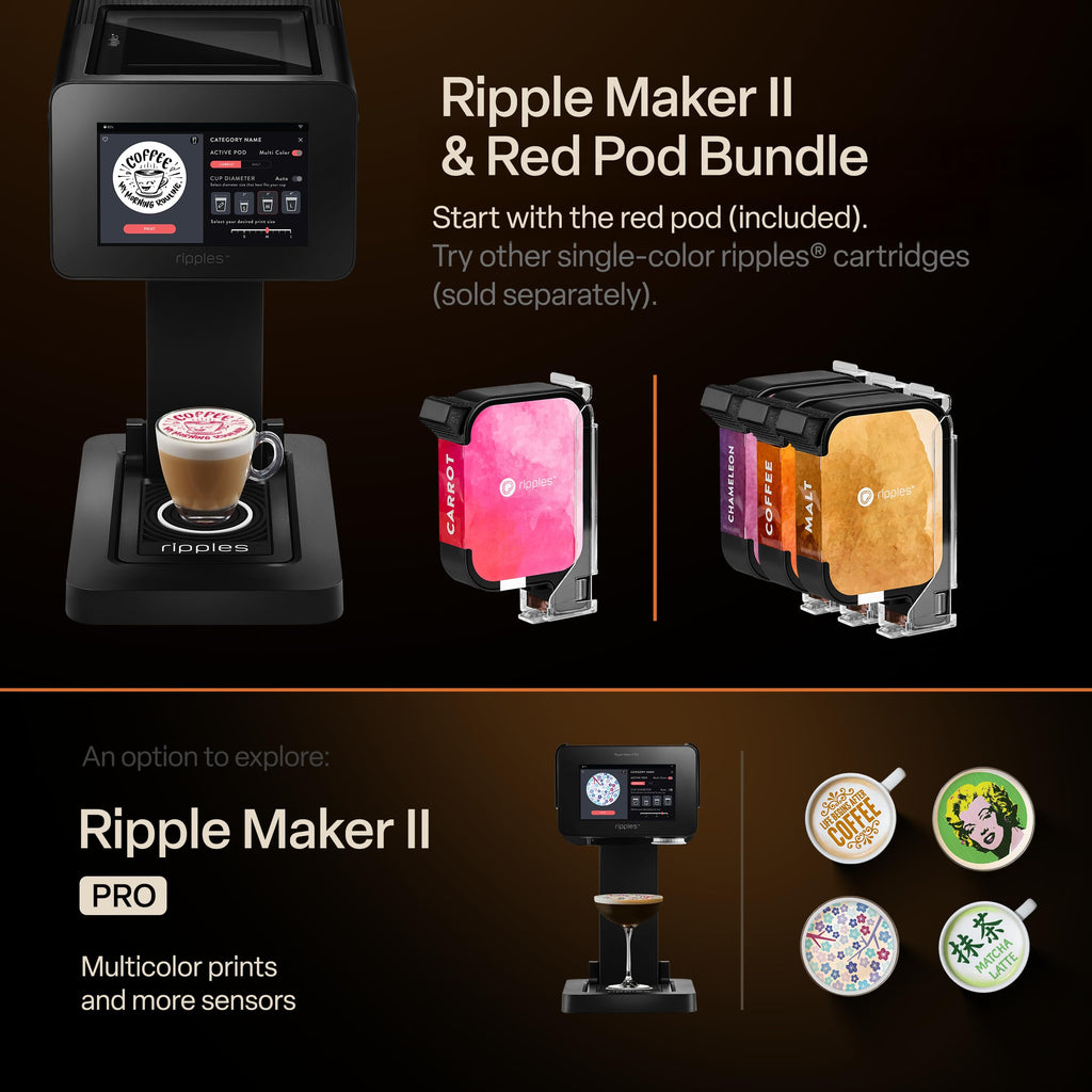 Ripples The Original Maker II, Print on Beverage Foam and Desserts, Plant-Based Ingredients Only, Selfie and Personalized Designs (Machine + Chameleon Pod)