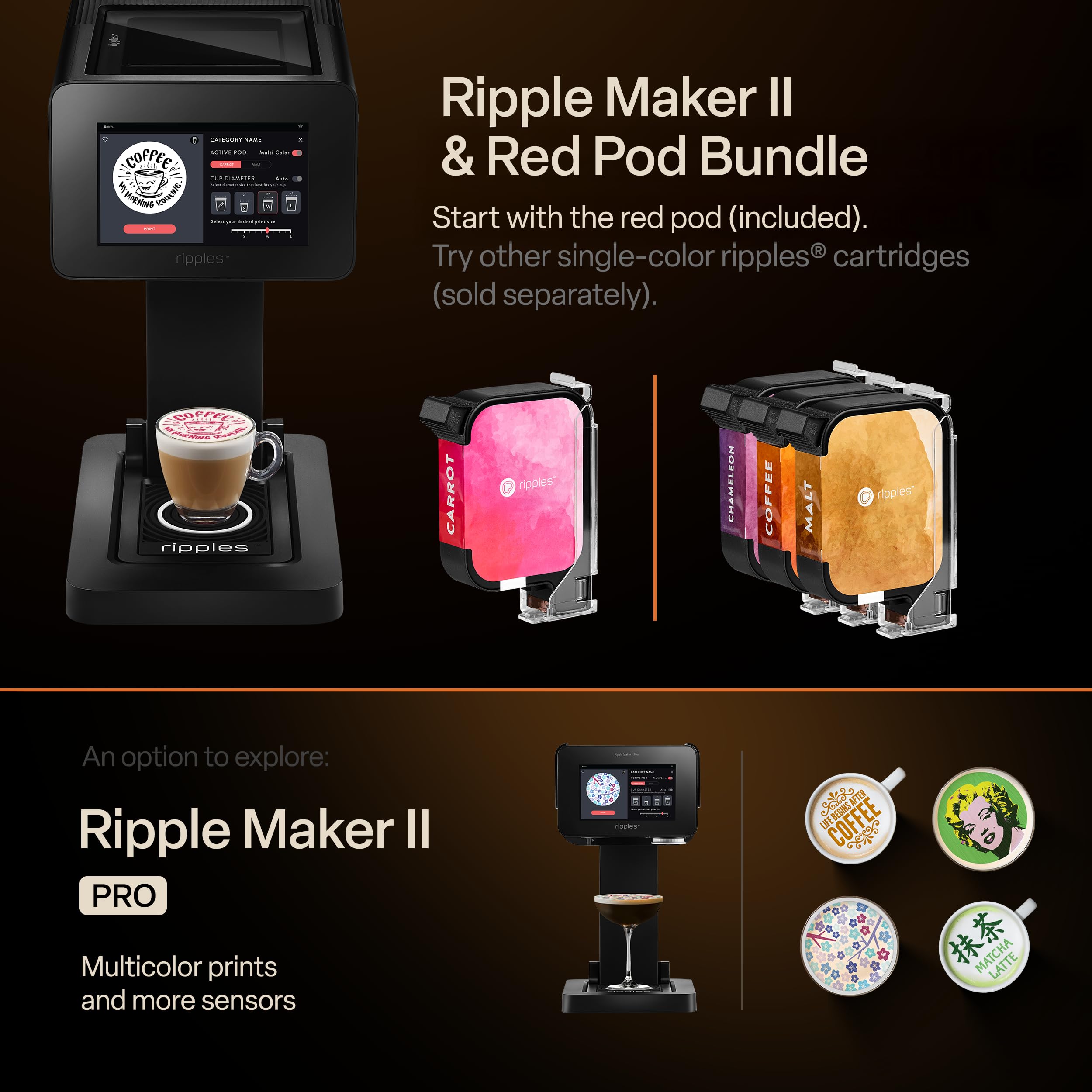 Ripples The Original Maker II, Print on Beverage Foam and Desserts, Plant-Based Ingredients Only, Selfie and Personalized Designs (Machine + Chameleon Pod)