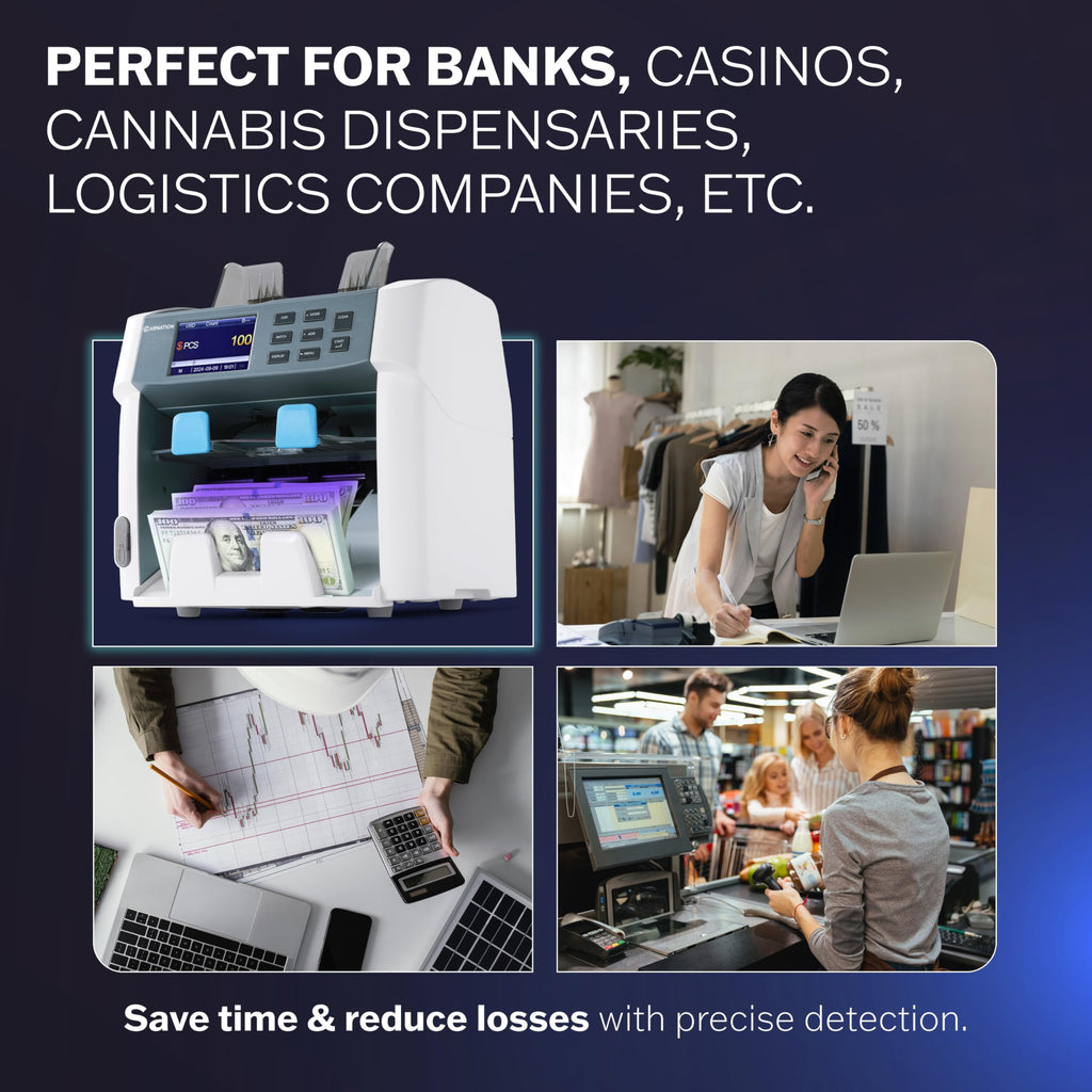 Carnation Money Counter Machine Cash Counting & Mixed Denomination Bill Counter, Portable Currency Detector, Counterfeit Bank Scanner, Dollar Sorter for Commercial, 1100 N/M, UV/MG/MT/IR/2CIS