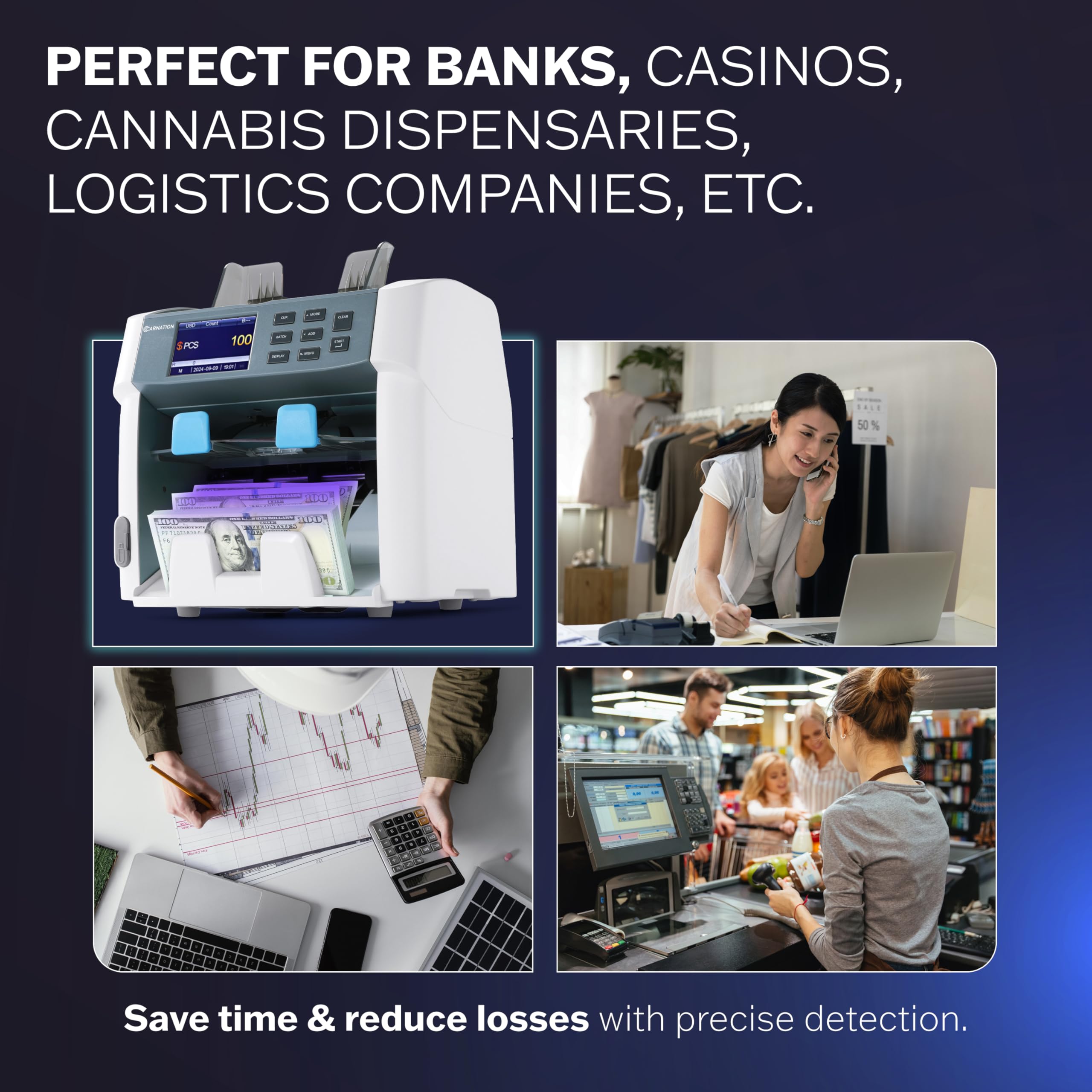 Carnation Money Counter Machine Cash Counting & Mixed Denomination Bill Counter, Portable Currency Detector, Counterfeit Bank Scanner, Dollar Sorter for Commercial, 1100 N/M, UV/MG/MT/IR/2CIS