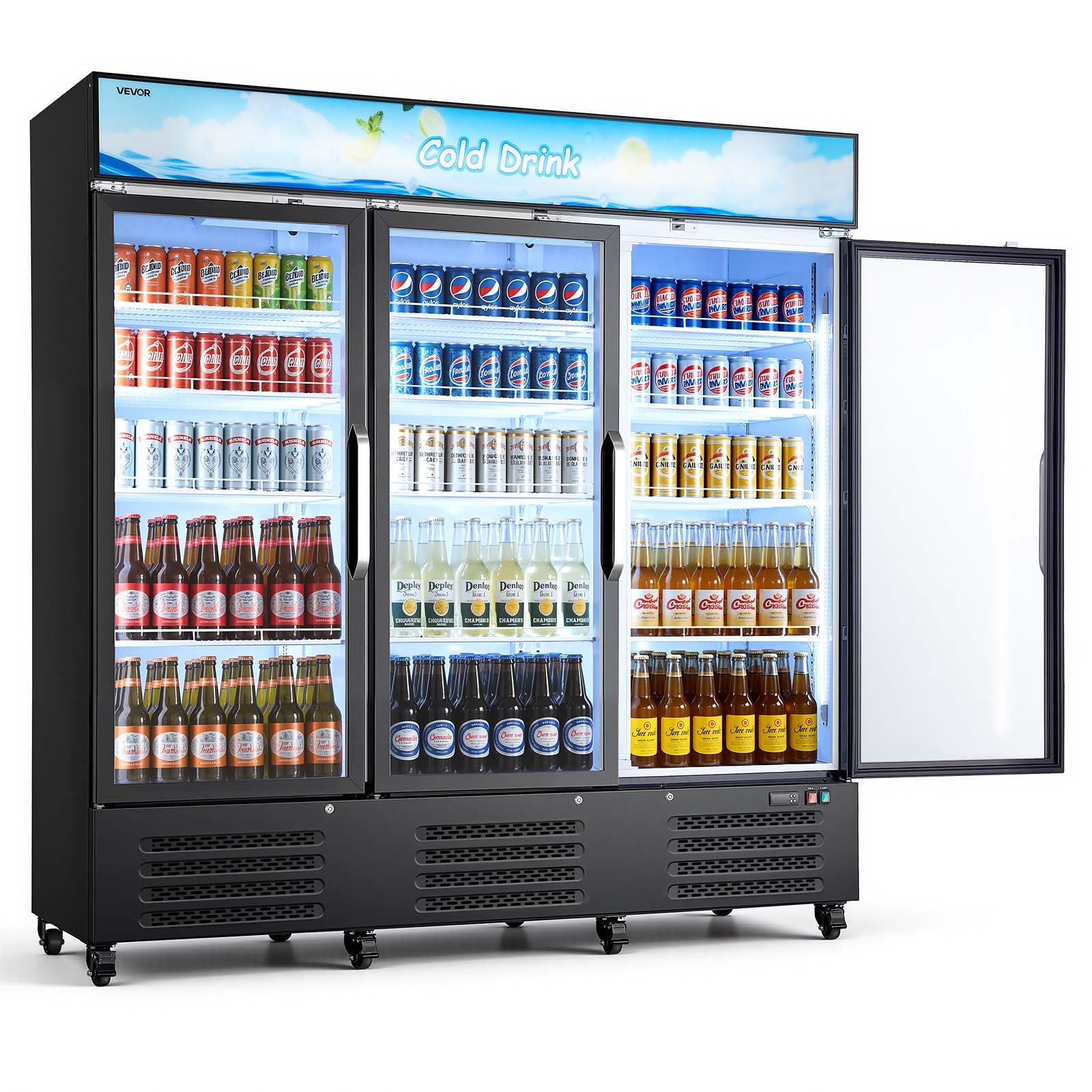 VEVOR Commercial Merchandiser Refrigerator, 6.9 Cu.Ft / 195L Glass Door Display Refrigerator, Upright Beverage Cooler Fridge with 4 Adjustable Shelves, Soft LED Light & Casters for Homes Shops Bars