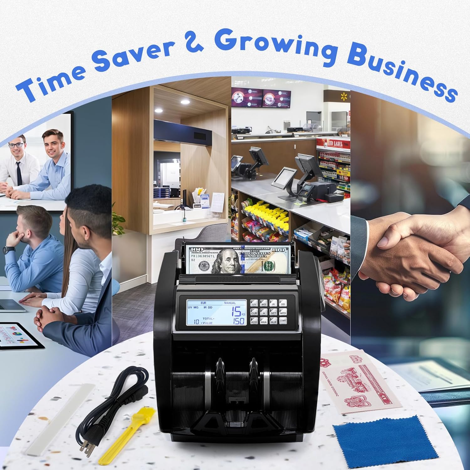 Money Counter Machine with Value Count,4" LED Display,Cash Counter for Dollar/Euro with UV/MG/IR/DD Detection, Bill Counting with Count/Add/Batch/Auto Modes,Bill Counter Fast Counting 1,200/Min