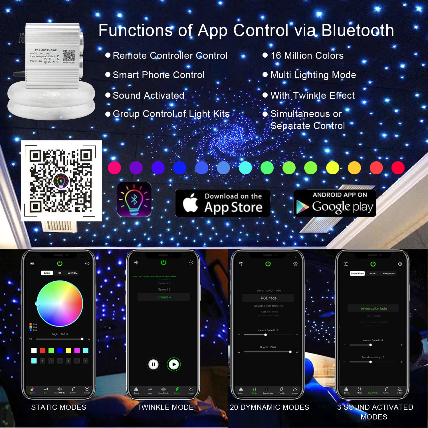 AKEPO Shooting Star+Twinkle Fiber Optic Lights Kit, Car Home Use Meteor APP Control Music Activated Star Ceiling Sky Light, RGBW Light Engine+Mixed Diameter Fibers 460pcs of 9.8ft/3m+Remote