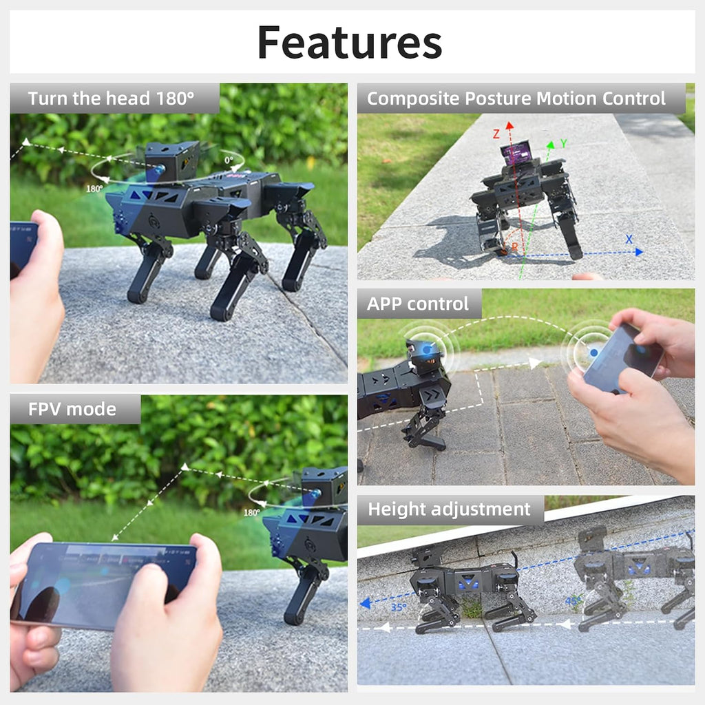 Robot Dog Kit for Raspberry Pi 5, AI Visual Recognition Interaction Smart Robot Python Programmable, 13 DOF Bionic Gait Mechanical Dog, Camera Servo, RC/Voice Control