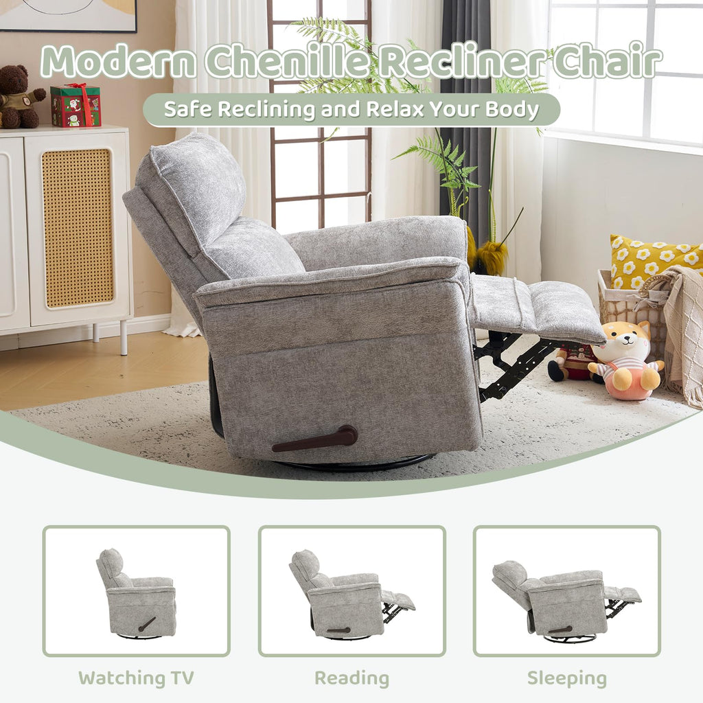Oversized Rocking Chair Nursery with Massage and Heat, Glider Recliner Nursery Chair with Adjustable Headrest, Power Swivel Rocker Recliner Chair with USB Port, Dark Grey