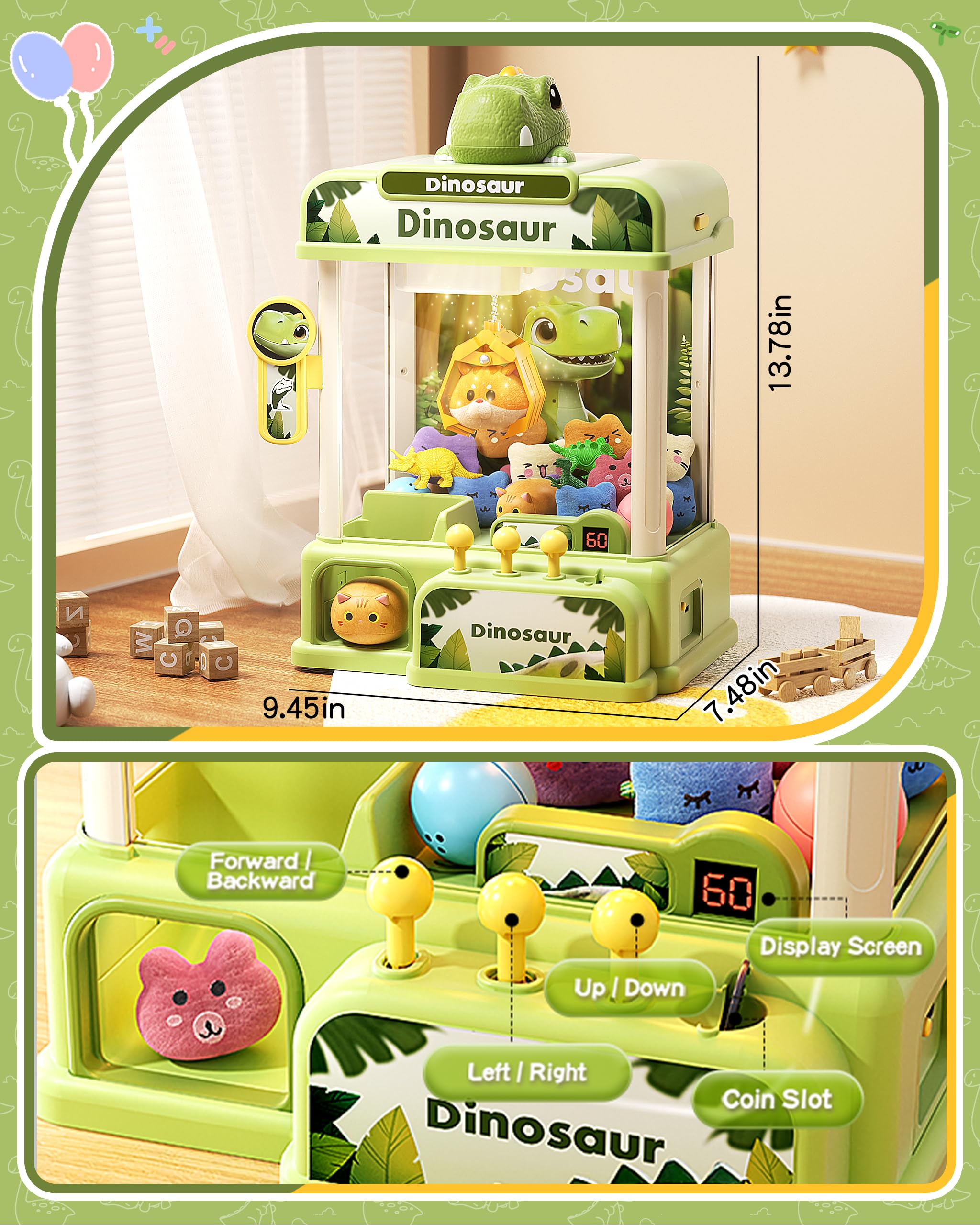 STACTCUTE 78PCS Large Dinosaur Claw Machine for Kids, No Assembly Required - Electronic Arcade Game with Music & Lights, Vending Machine Toy Prize Dispenser - Birthday Gift for Boys & Girls Age 3+
