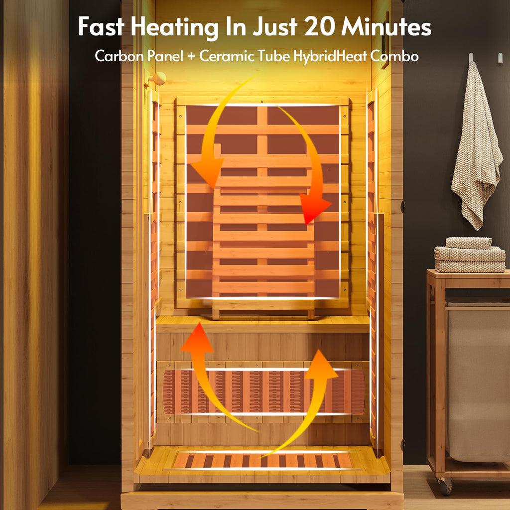 Infrared Sauna at Home 1 Person Mini with 7 Color Full Spectrum, Low EMF 1240W Fast Heating Canadian Hemlock Wood Sauna, Indoor Dry Sauna with Music Speakers for Home, Gym (2.3Lx2.9Wx5.2H Ft)
