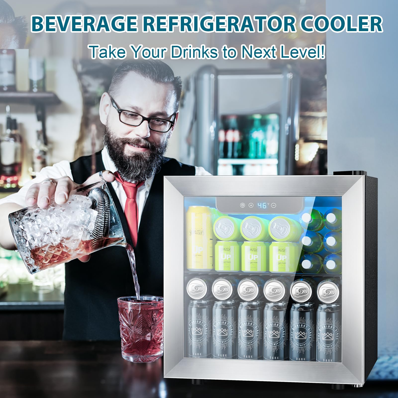Electactic 50 Cans Beverage Refrigerator Cooler, 1.3 Cu.ft Mini Fridge Countertop Drink Cooler with Glass Door for Beer, Soda,Wine, Adjustable Digital Temperature Control for Home Dorm Bar, Black