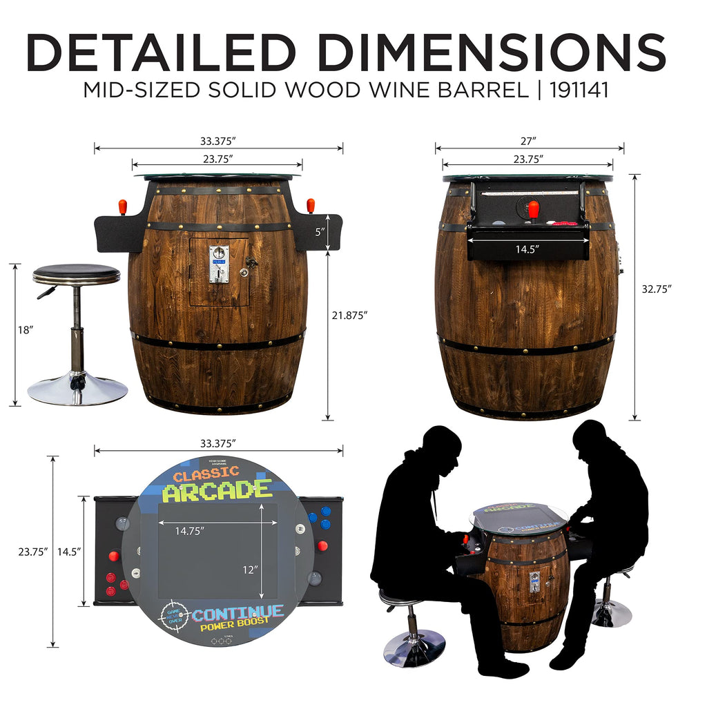 Creative Arcades Full-Size Commercial Grade Wine Barrel Style Pub Arcade Machine | Standard/Medium/Large | Classic Games | 2 Sanwa Joysticks | 2 Stools (Large, 60 Game, 19" Screen, Woodgrain)