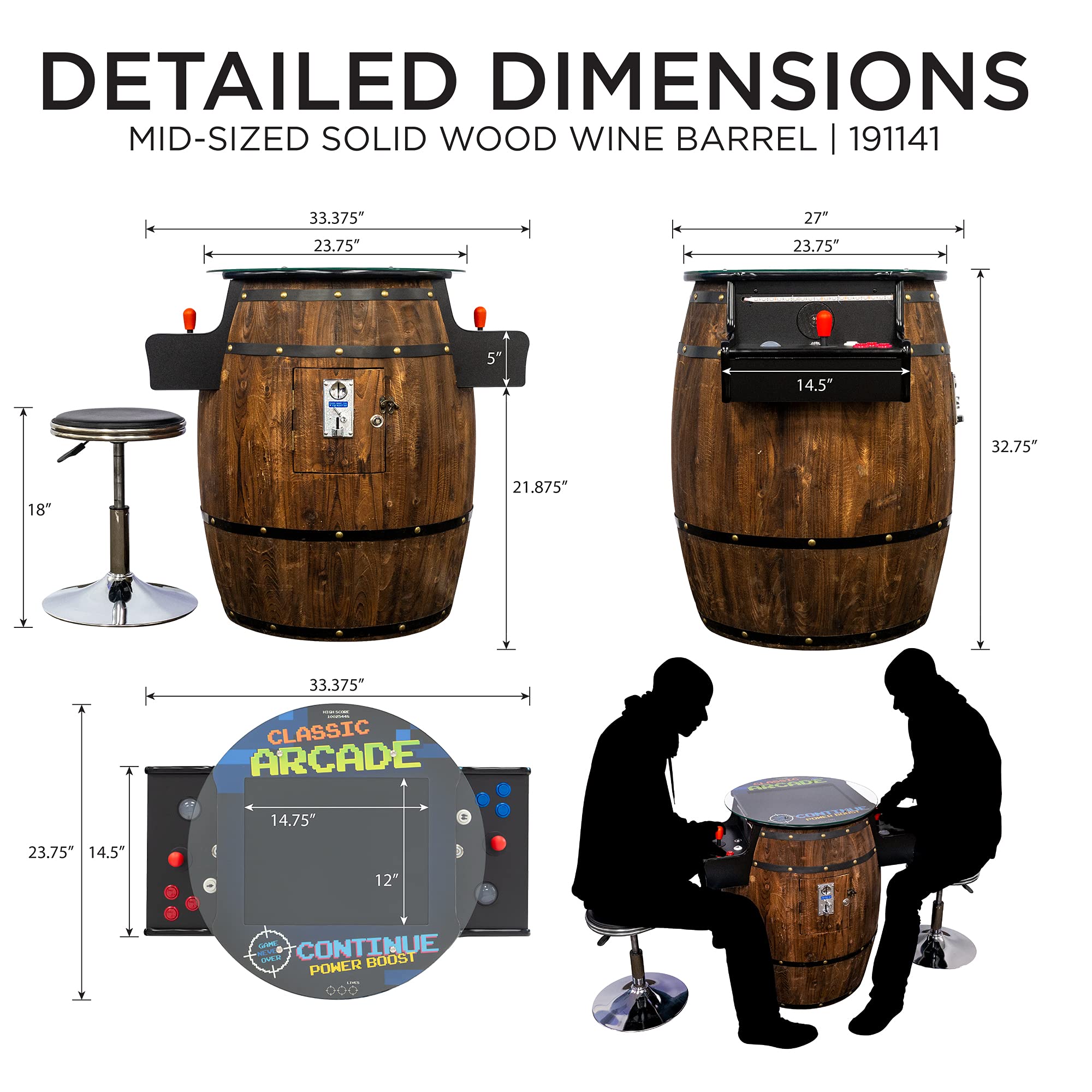 Creative Arcades Full-Size Commercial Grade Wine Barrel Style Pub Arcade Machine | Standard/Medium/Large | Classic Games | 2 Sanwa Joysticks | 2 Stools (Large, 60 Game, 19" Screen, Woodgrain)