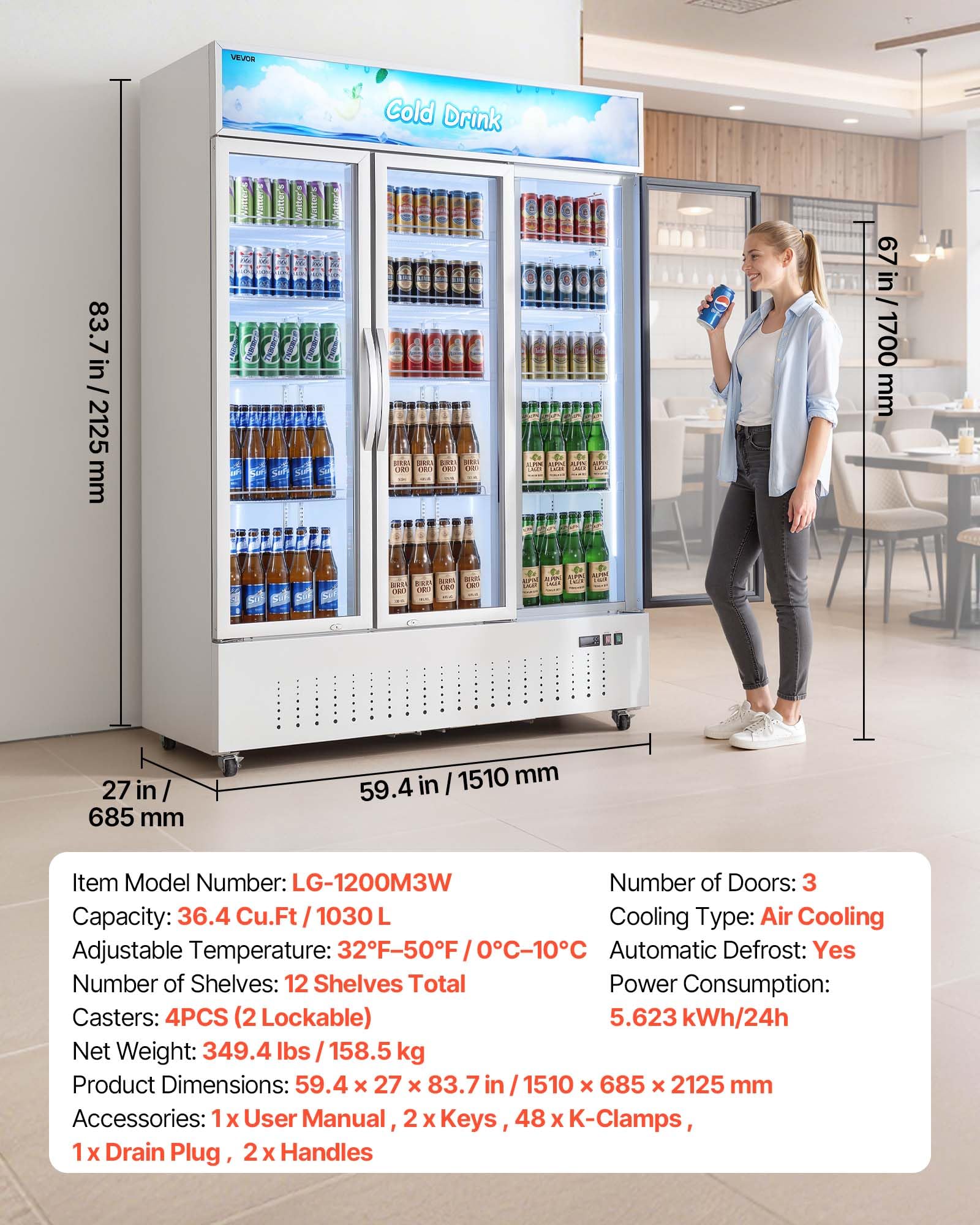 VEVOR Commercial Merchandiser Refrigerator, 6.9 Cu.Ft / 195L Glass Door Display Refrigerator, Upright Beverage Cooler Fridge with 4 Adjustable Shelves, Soft LED Light & Casters for Homes Shops Bars
