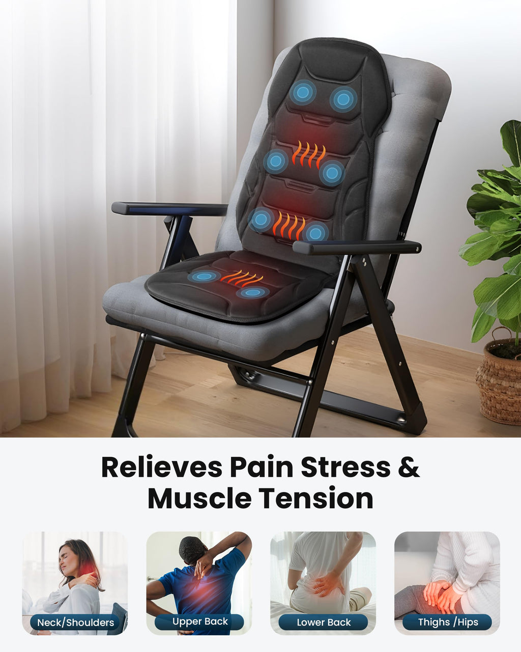 COMFIER Massage Seat Cushion, Back Massager with 8 Vibration Nodes & 5 Modes, Adjustable Chair Massage Pad with Heat for Home Office, Heated Chair Pad,Gifts for Men,Women