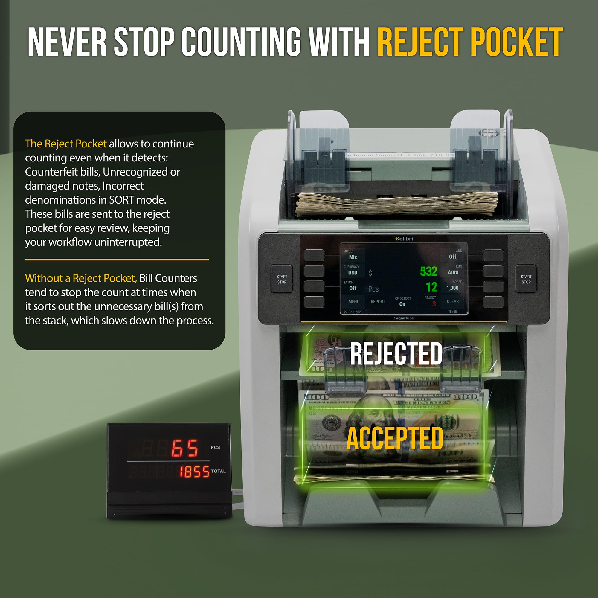 KOLIBRI Money Counter Machine I LCD Display I Business Grade I Dollar, Euro I Advanced UV/MG/IR/DD/HLF Detection I Single Denomination Value Count I 1,500 Notes/Min I 1-Year Warranty I KOLIBRI UV/MG