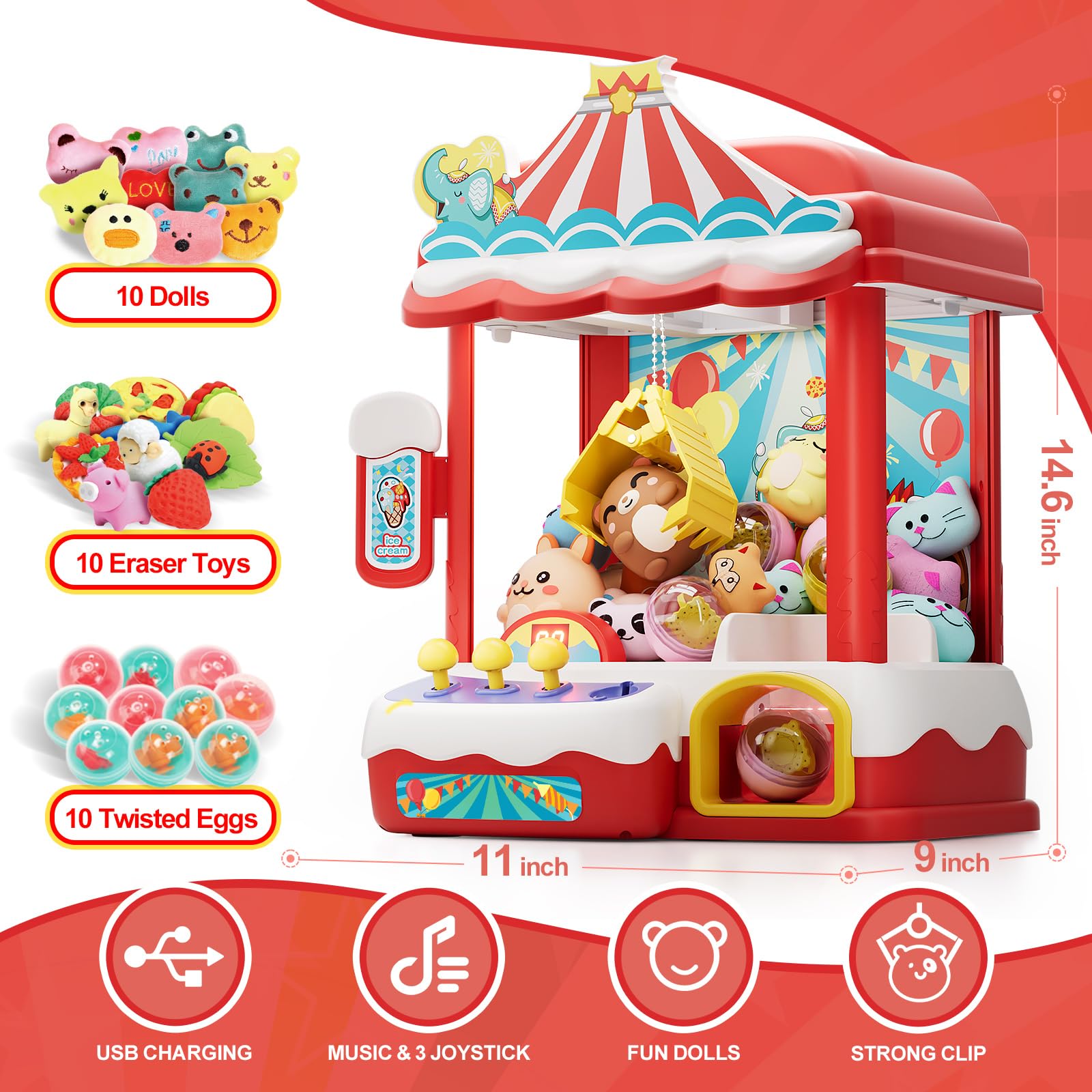 Skirfy Large Claws Machines 12'' for Kids Adults,Girls Unicorns Toys,Candy Grabber Prize Dispenser 15 Stuffeds Toys,Electronic Arcades Game Christmas Thanksgiving Birthday Gifts for Age 6-12