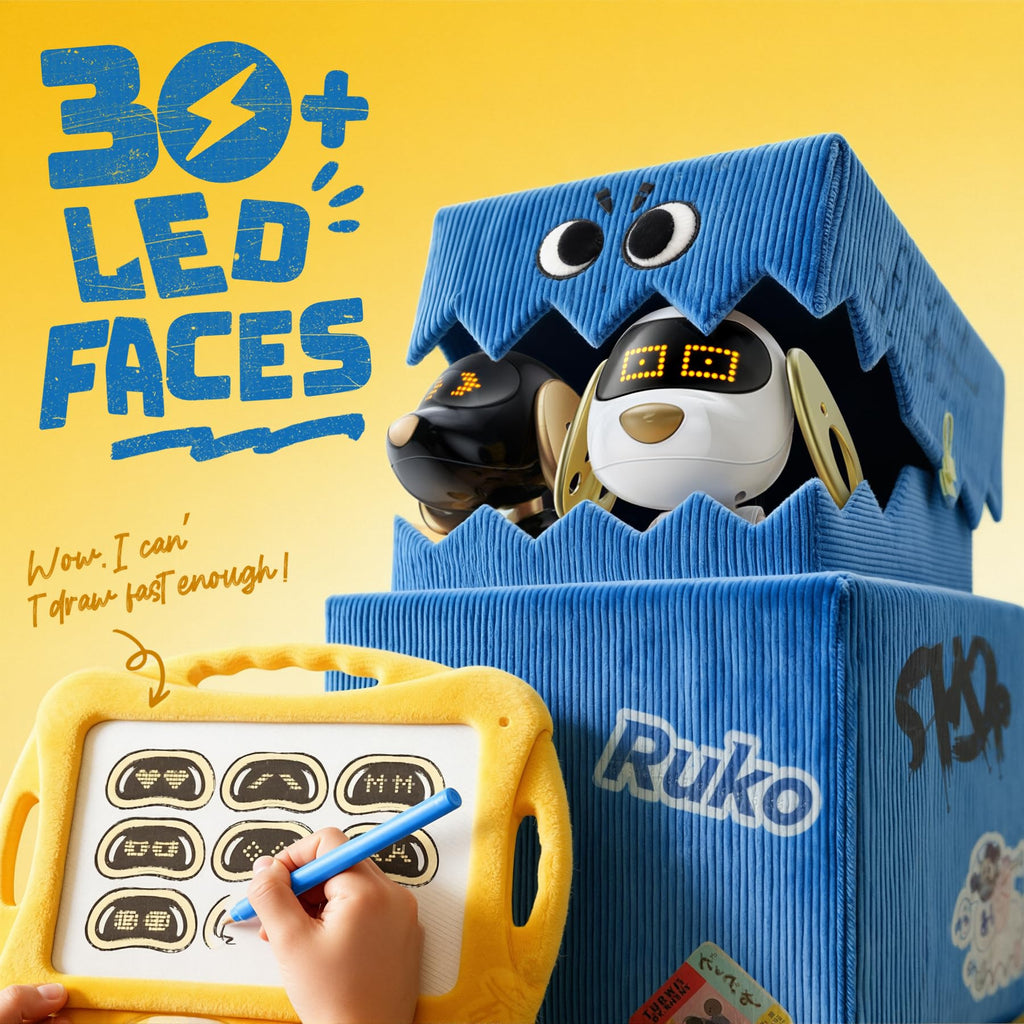 Ruko 18011 Robot Dog Toy, Smart Interactive Puppy with 30+ LED Faces, Remote & Gesture Control, Programmable Electronic Pet for Kids Ages 3–8, Black & Gold