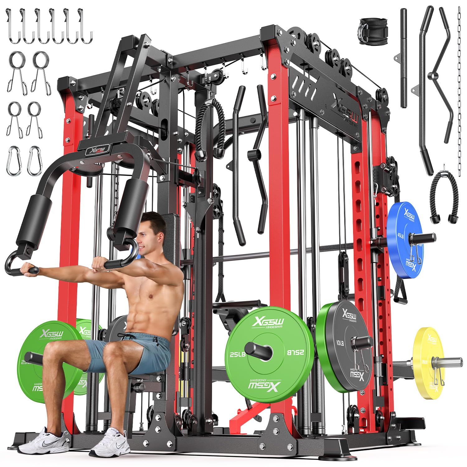 Smith Machine with Cable Crossover System, Multi-Function Power Cage Squat Rack for Home Gym, Power Rack and Packages Weight Sets.
