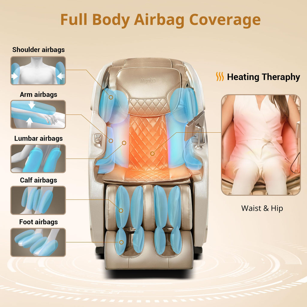 MYNTA Massage Chair Full Body with Heat, Zero Gravity SL-Track Shiatsu 3D Massage Chairs with 12 Modes,12 Massage Techniques, Waist Hip Heating, Calf Foot Massage, HD Bluetooth Speaker & White Noise