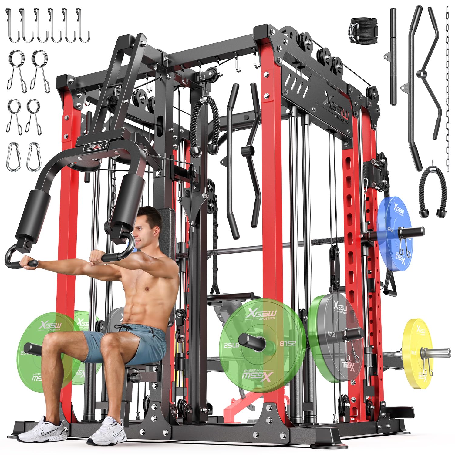 Smith Machine with Cable Crossover System, Multi-Function Power Cage Squat Rack for Home Gym, Power Rack and Packages Weight Sets.