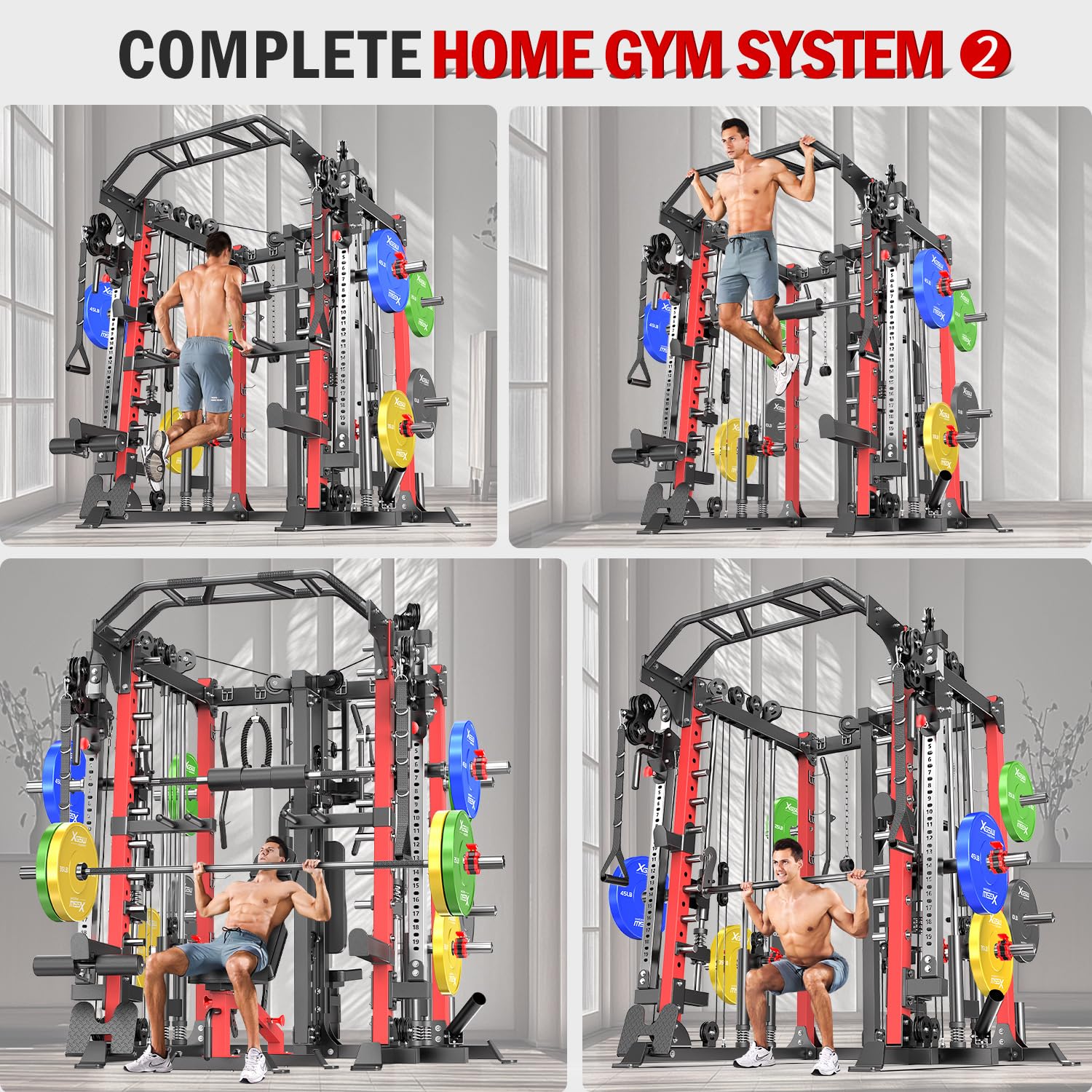 Smith Machine with Cable Crossover System, Multi-Function Squat Rack Power Cage for Home Gym, Power Rack and Packages Weight Sets