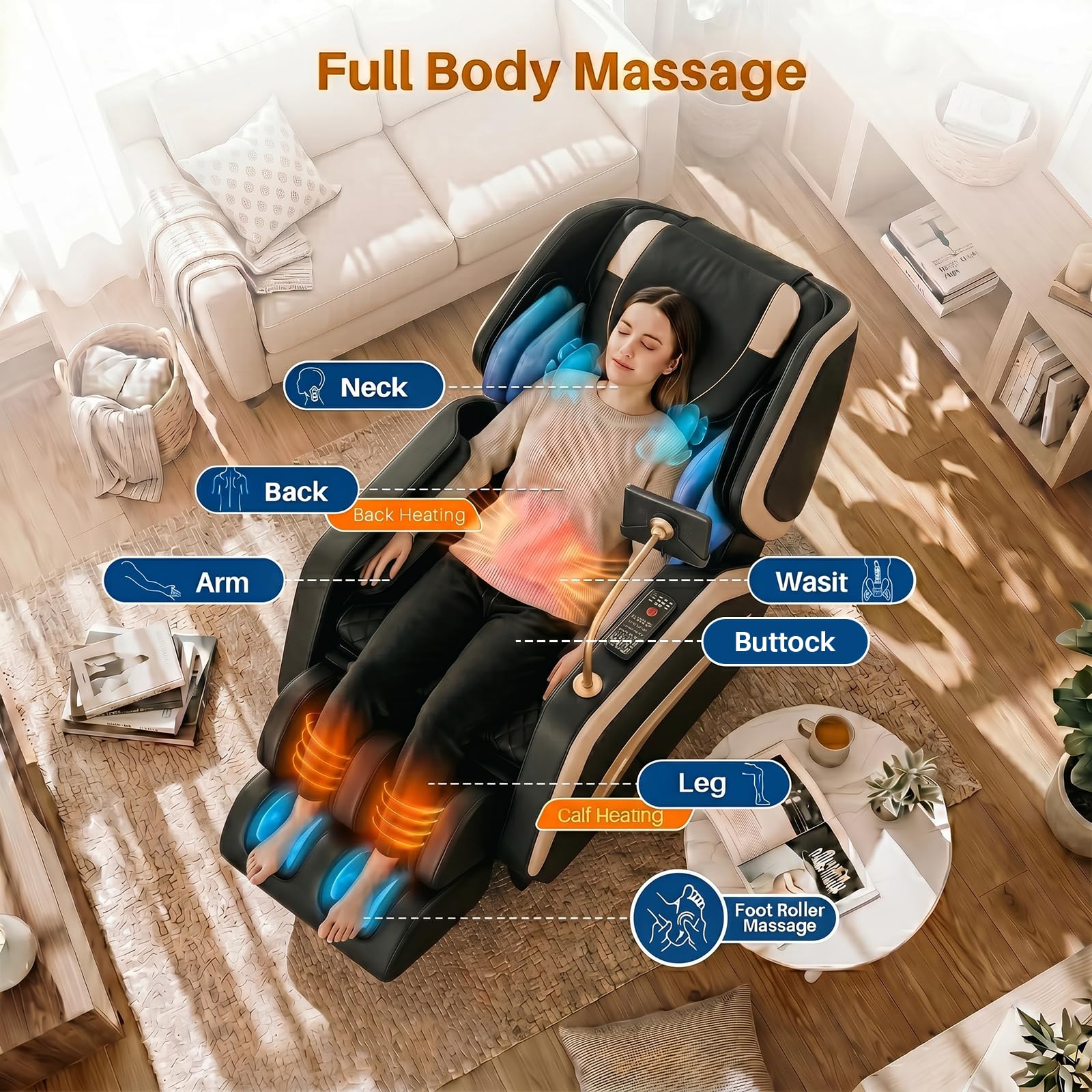 Massage Chair Full Body, Zero Gravity Recliner Massage Chair with Back Heat, 8 Fixed Rollers, Foot Massage, Airbags, Touch Screen for Home and Office