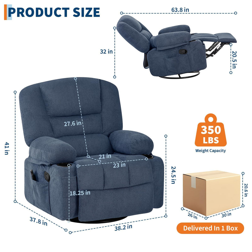 Oversized Wide Recliner Chair with Vibration Massage and Heat, 360° Swivel Recliner Glider for Adults,Chenille Fabric Manual Reclining Single Sofa with Cup Holders & Side Pockets for Living Room,White