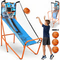SereneLife Dual Shot Basketball Arcade Game with Electronic Scorer, 8 Game Modes, Indoor Outdoor 2 Player Basketball Shooting Game, Foldable Arcade Set with 5 Balls and Pump