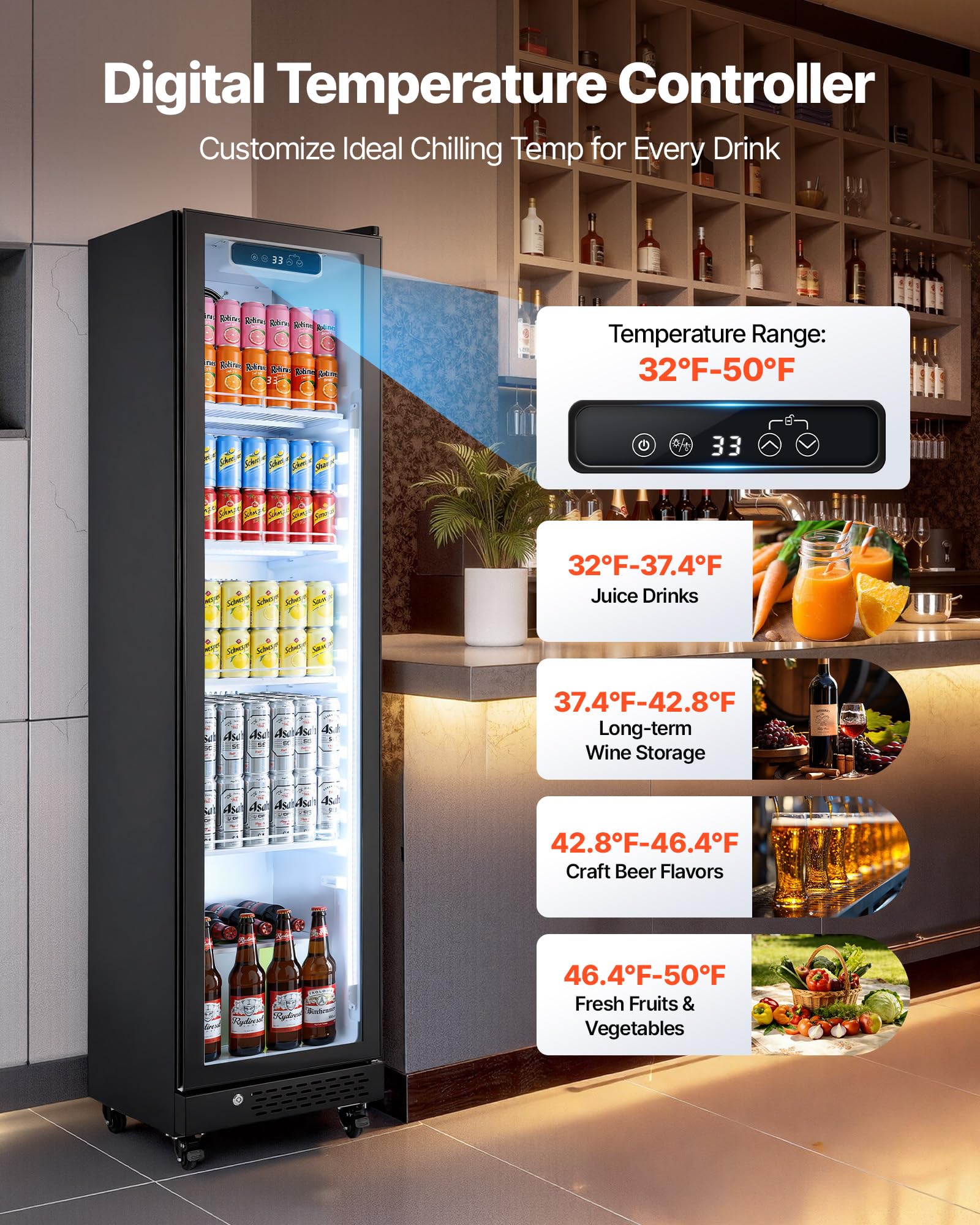 VEVOR Commercial Merchandiser Refrigerator, 6.9 Cu.Ft / 195L Glass Door Display Refrigerator, Upright Beverage Cooler Fridge with 4 Adjustable Shelves, Soft LED Light & Casters for Homes Shops Bars