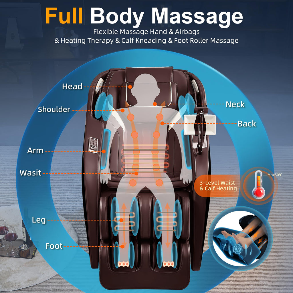 Luxury 4D Full Body Massage Chair with Calf Kneading, Zero Gravity SL-Track Shiatsu Recliner ,18 Auto Modes & 6 Massage Techniques,Lumbar & Calf Heating,Foot Roller,Voice/App/Touch Control,Body Scan