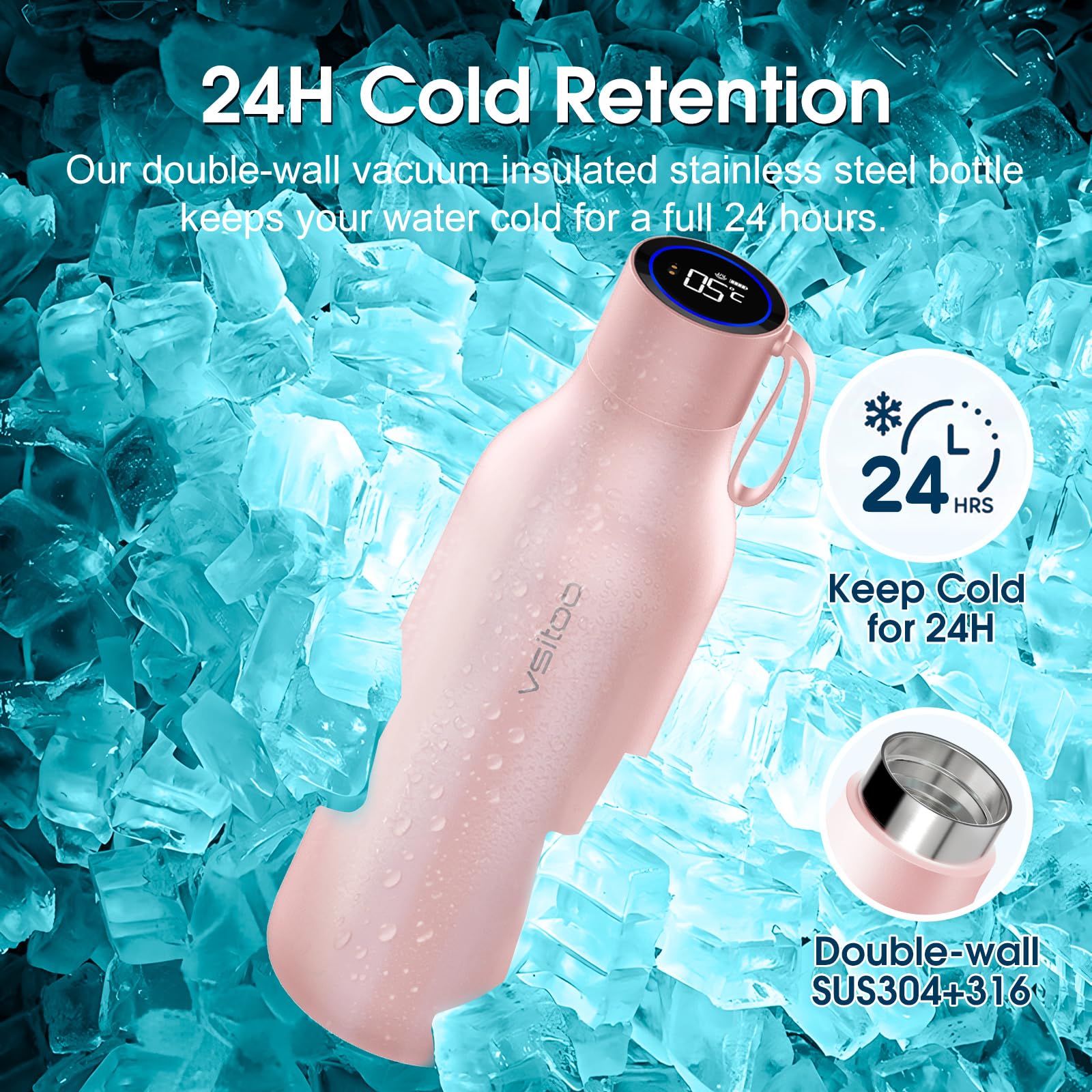 VSITOO 33oz Smart Self-Cleaning Water Bottle，Large Insulated Stainless Steel Bottle with AI Self-Clean, 30-Day Battery & Magnetic Charging for Outdoor Travel, Gym or Office, Pink