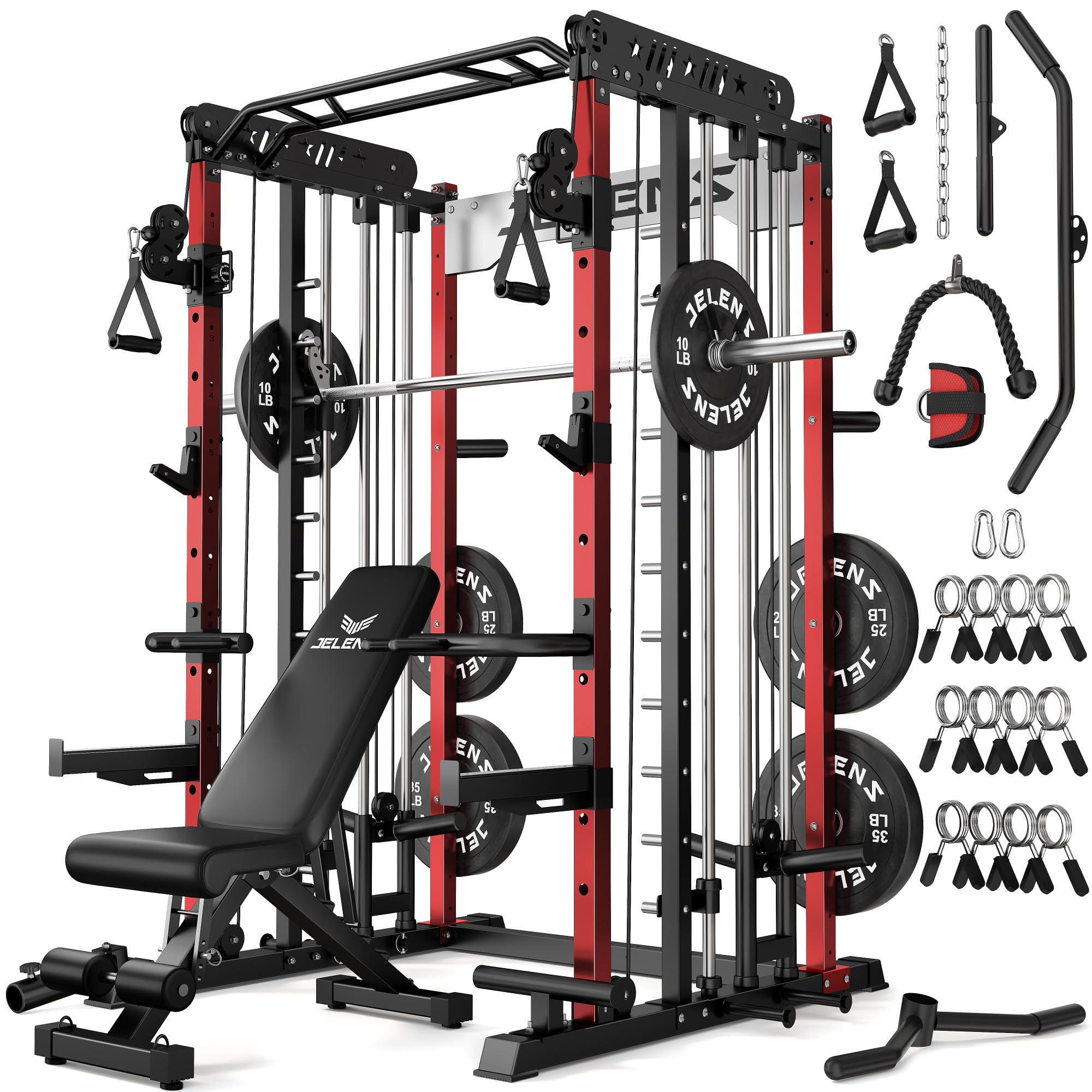 JELENS Smith Machine for Home Gym, Multi-Function M12 Power Cage with Cable Crossover System, Squat Rack with Smith Bar and More Attachment
