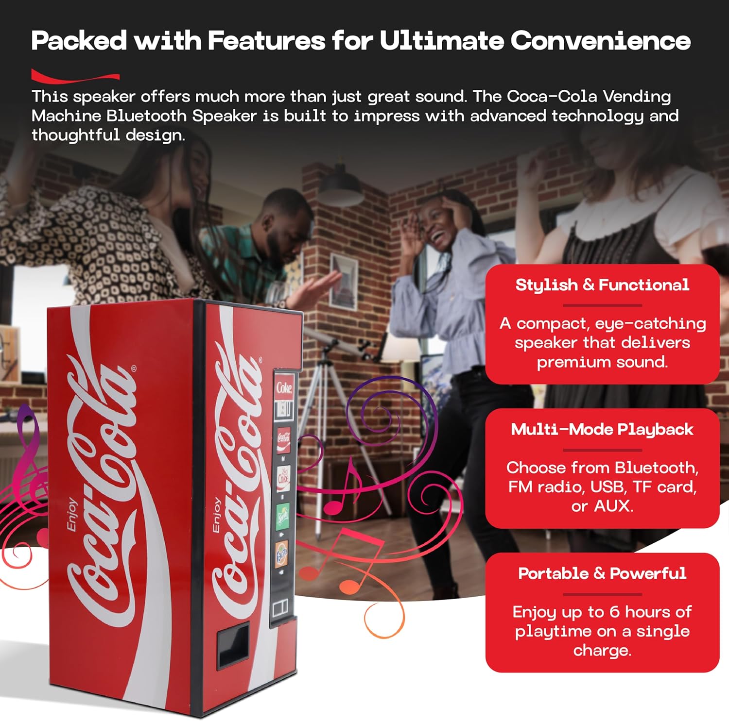 Coca-Cola Vending Machine Bluetooth Speaker, Dual 5W Speakers, Wireless Bluetooth v5.3, FM Radio, USB/MicroSD Playback, AUX Input, 10m Range, Rechargeable Battery, LED Indicator, Coca-Cola Licensed