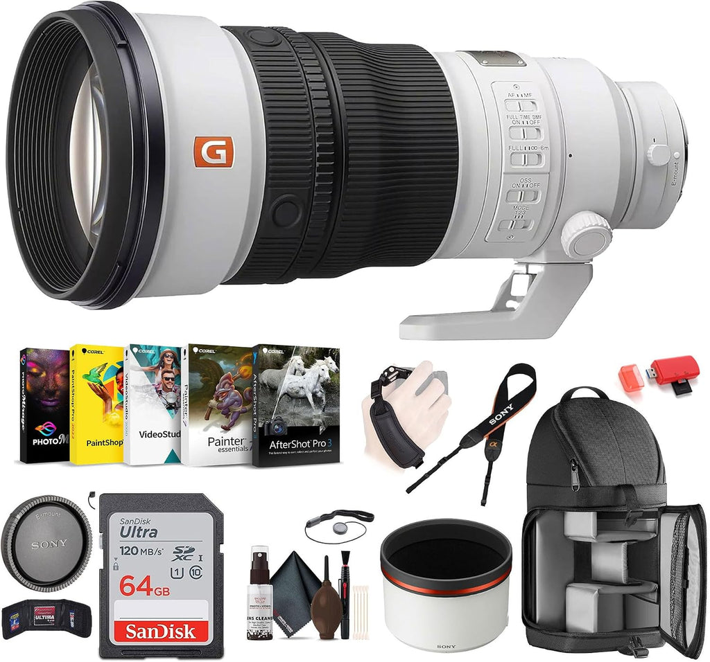 Sony FE 300mm f/2.8 GM OSS Lens & Backpack & Card Reader Bundle | For Photography & Video | Card Wallet | Lens Cap + 64GB Memory Card + Cleaning Kit + Card Reader + Photo Software