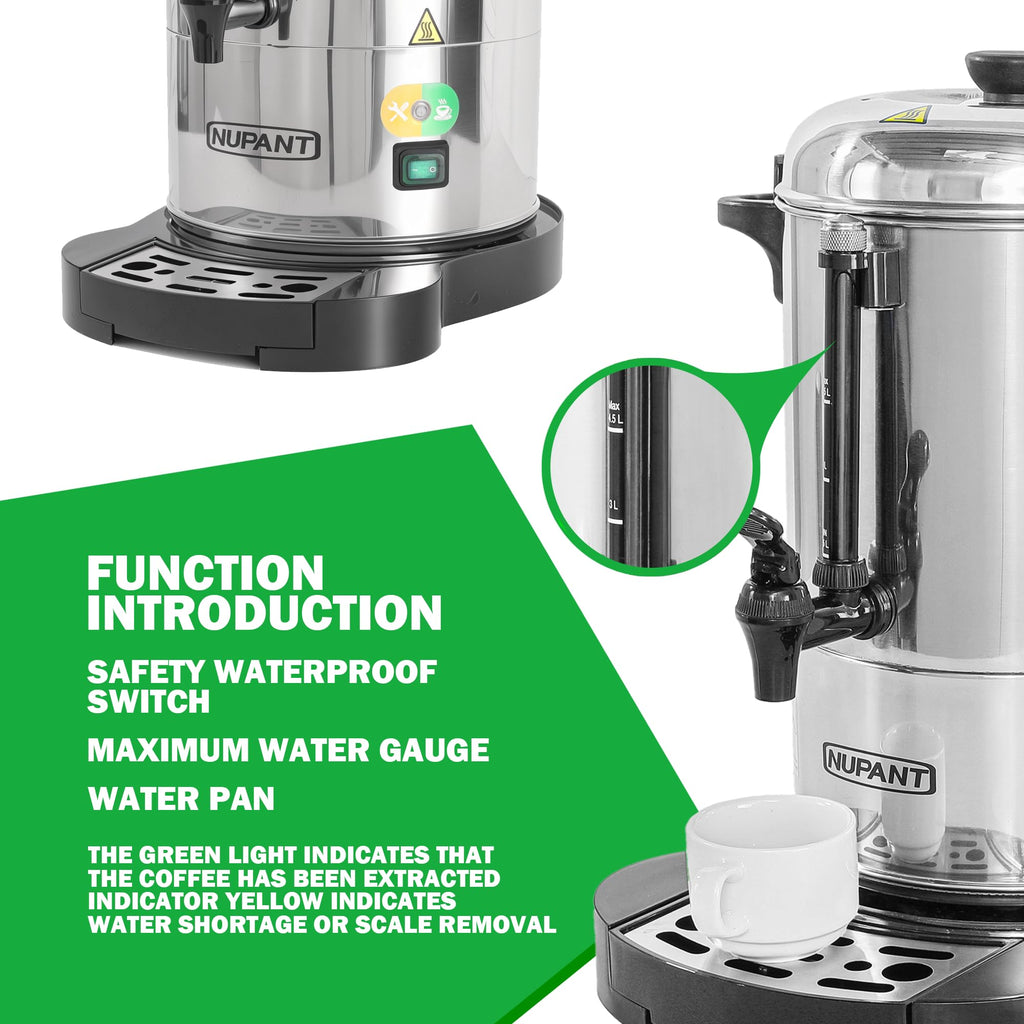 NUPANT Commercial Coffee Urn 100 Cup/15L Coffee Dispenser with Upgraded Percolator, Double Wall 304 Stainless Steel Hot Water Urn Beverage Dispenser, Keep Warm Large Coffee Maker for Catering Party