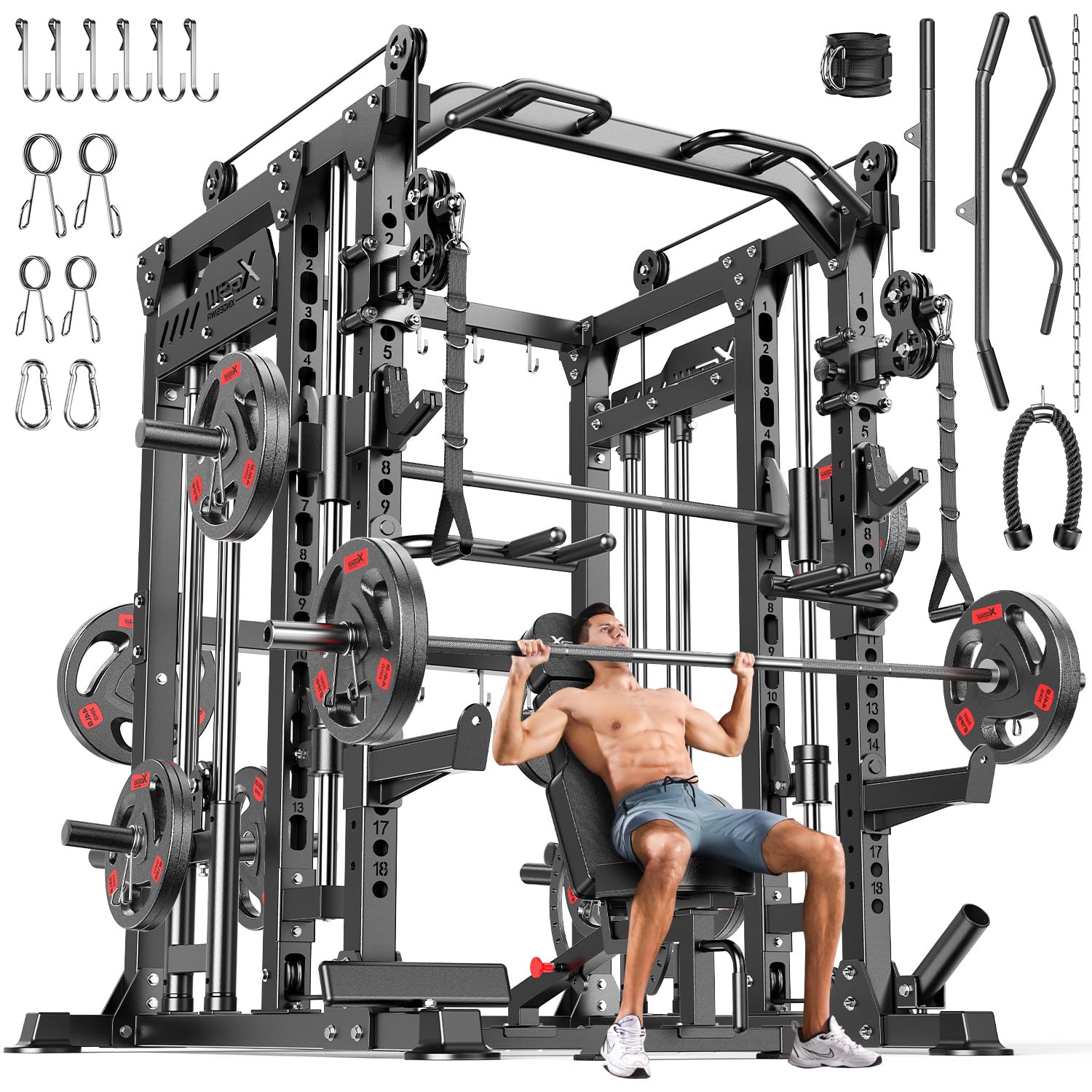 Smith Machine with Cable Crossover System, Multi-Function Power Cage Squat Rack for Home Gym, Power Rack and Packages Weight Sets.