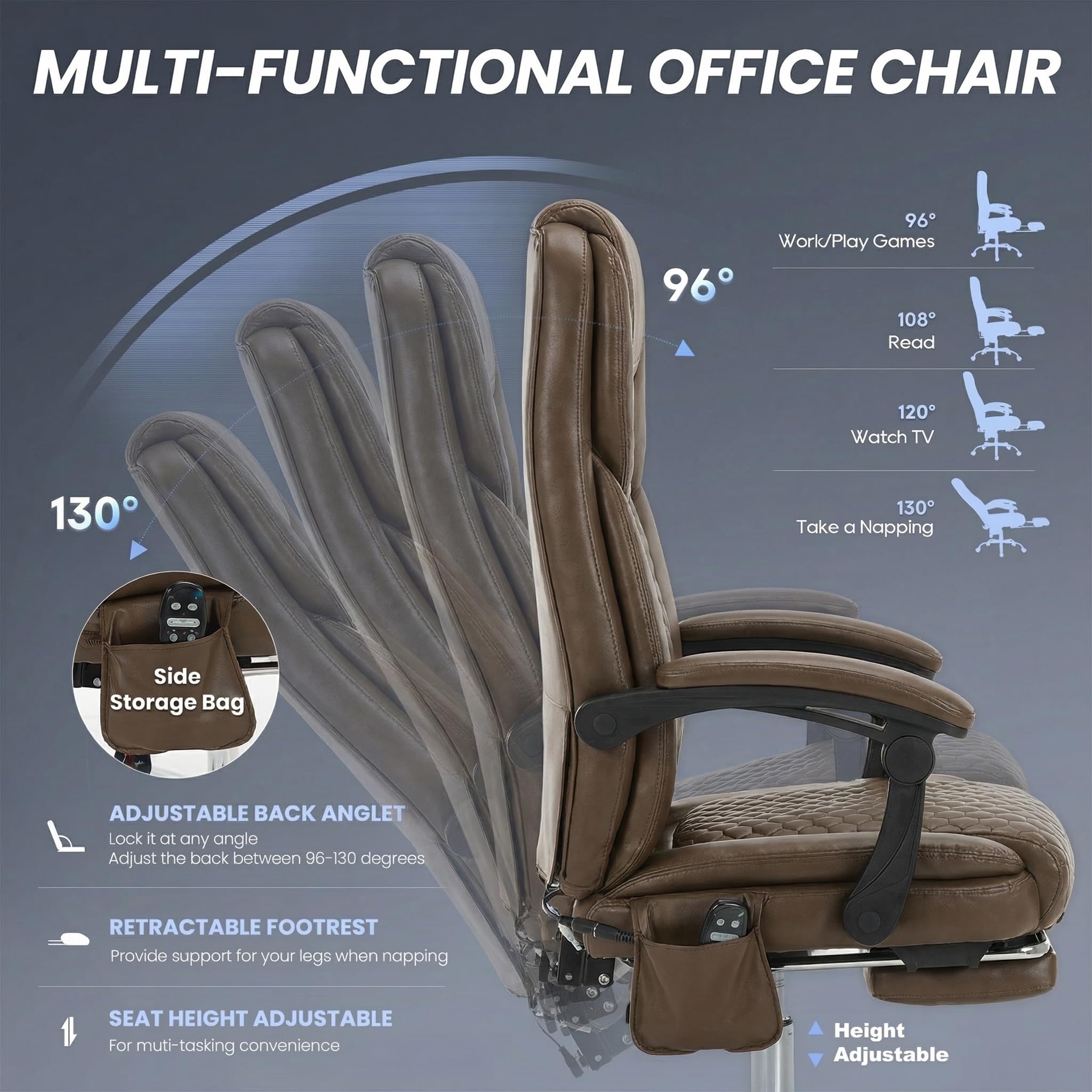 MALOL Massage Office Chair with Heat and Footrest - 3-Level 65°C Targeted Heating, 20-Min Easy Assembly Leather Desk Chair, Big and Tall Executive Computer Chair with Side Pocket, 300 lbs, Beige