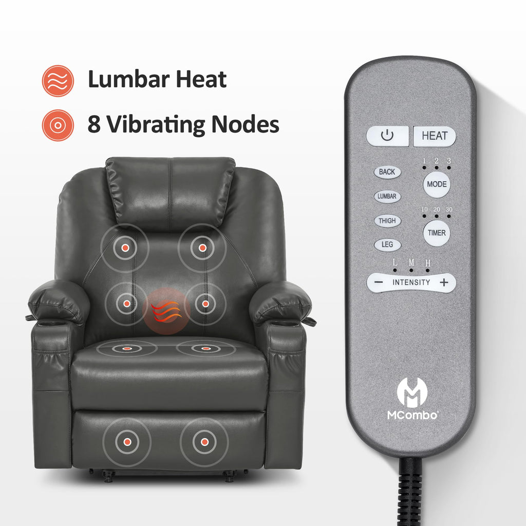 MCombo Electric Power Lift Recliner Chair Sofa with Massage and Heat for Elderly, 3 Positions, 2 Side Pockets, and Cup Holders, USB Ports, Faux Leather 7040 (Grey, Medium)