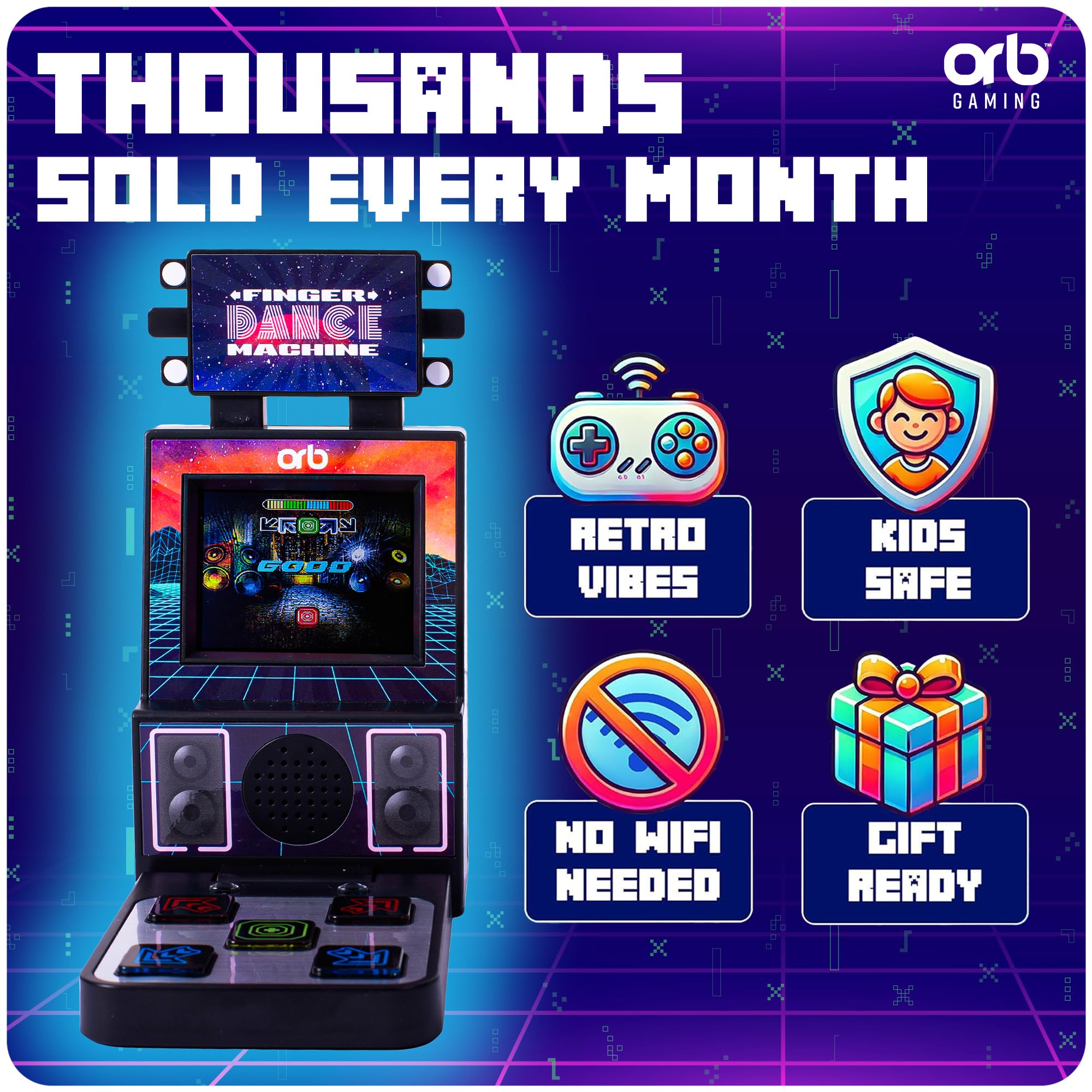 Mini Arcade Machine, 240 Built-in 8-Bit Games, 2.5” Full Colour Screen, 8-Way Joystick, Handheld Retro Games Console – Orb Gaming by ThumbsUp!