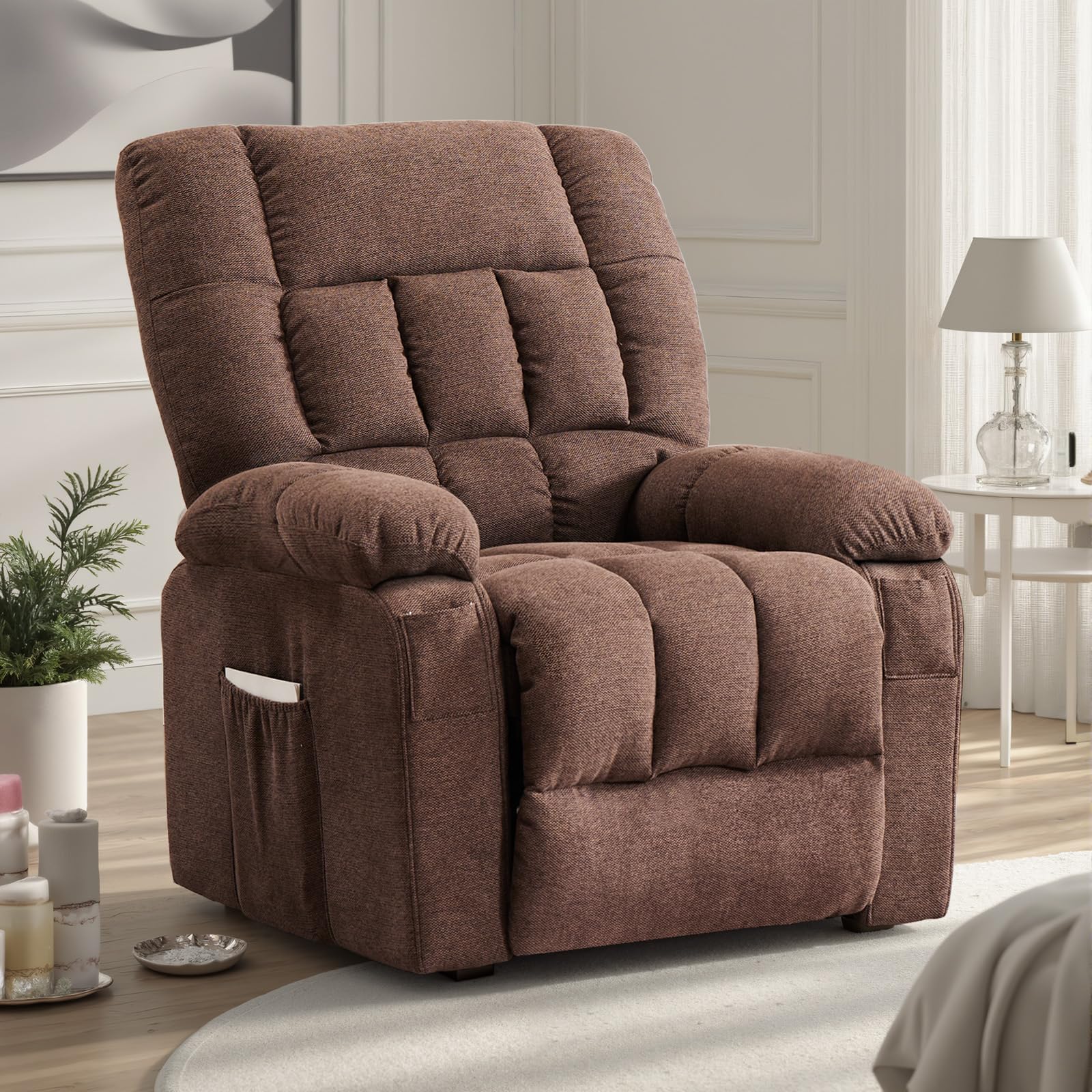 DUMOS Rocker Recliner Chair, Swivel Recliner with Vibration Massage & Lumbar Heating, 270° Rotating Chenille Fabric Recliner with footrest for Living Room & Bedroom, Grey
