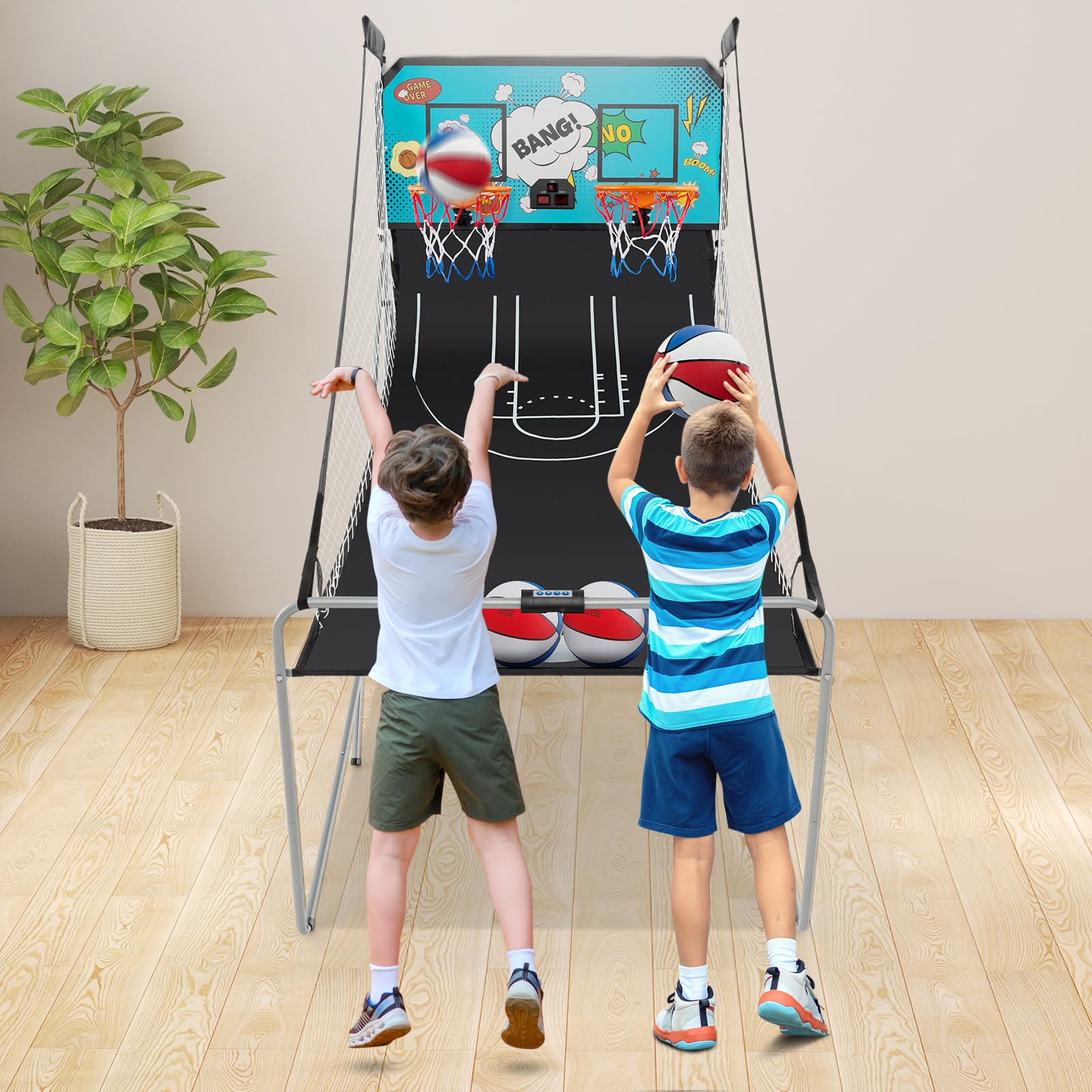 Goplus Foldable Dual Shot Basketball Arcade Game, Electronic Basketball Hoop w/LCD Scoreboard, 8 Game Modes, 4 Balls, Indoor Outdoor Basketball Game Machine for Adults (Green)