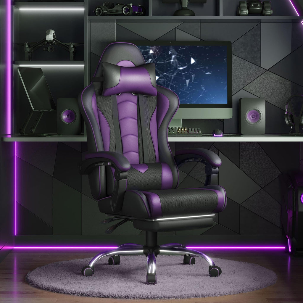 Yaheetech Gaming Chair with Electric Massage Lumbar Support, Footrest & Headrest — Ergonomic High Back Recliner for Home Office, Computer Desk Chair, Height Adjustable, 300 lbs, Black/White