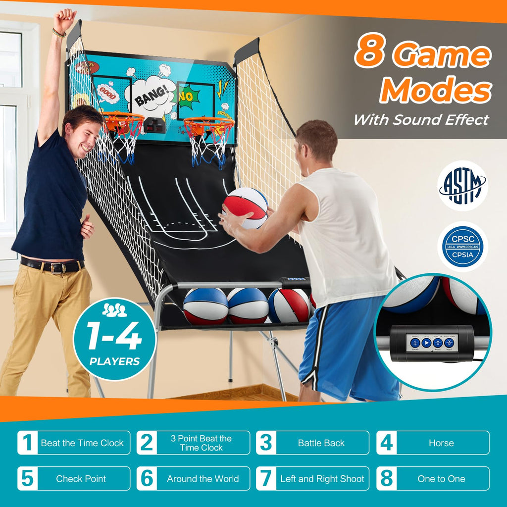 GYMAX Arcade Basketball Game Indoor Foldable with 8 Game Modes, Arcade Sound, 4 Balls and Inflation Pump, Electronic Basketball Games for Home