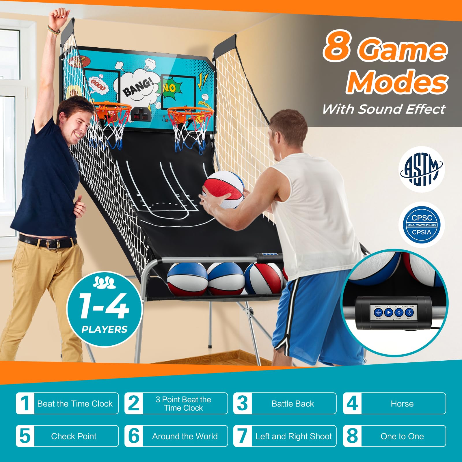 GYMAX Arcade Basketball Game Indoor Foldable with 8 Game Modes, Arcade Sound, 4 Balls and Inflation Pump, Electronic Basketball Games for Home