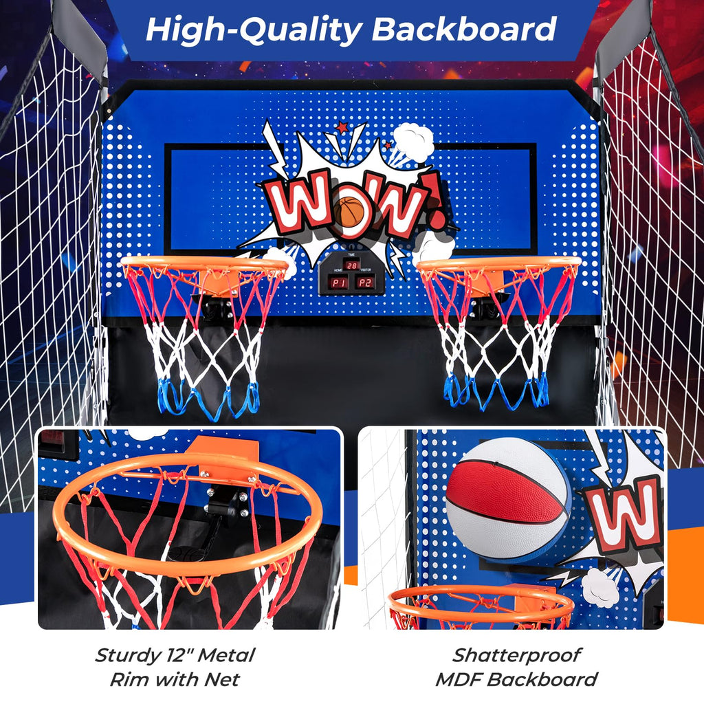 GYMAX Arcade Basketball Game Indoor Foldable with 8 Game Modes, Arcade Sound, 4 Balls and Inflation Pump, Electronic Basketball Games for Home