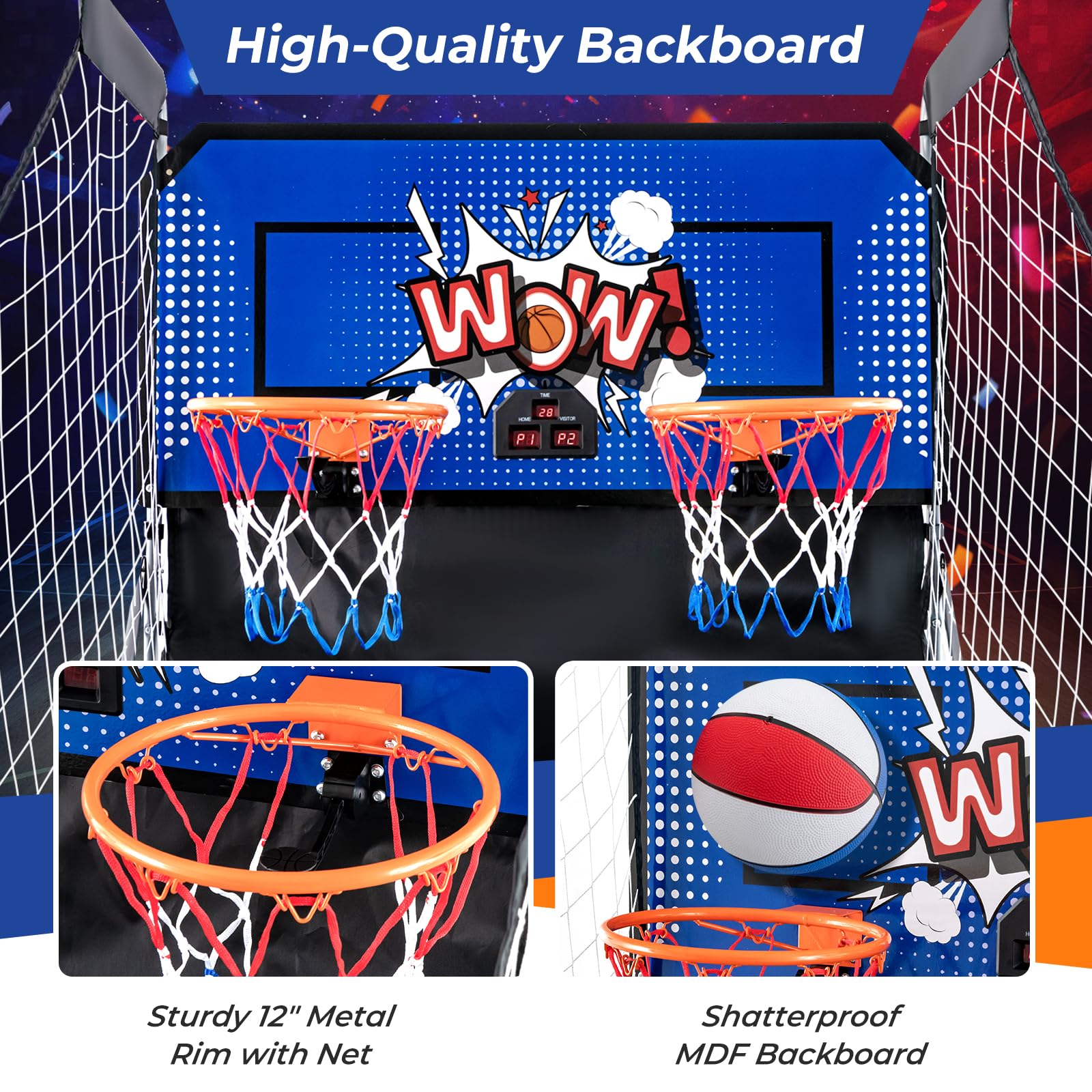 GYMAX Arcade Basketball Game Indoor Foldable with 8 Game Modes, Arcade Sound, 4 Balls and Inflation Pump, Electronic Basketball Games for Home