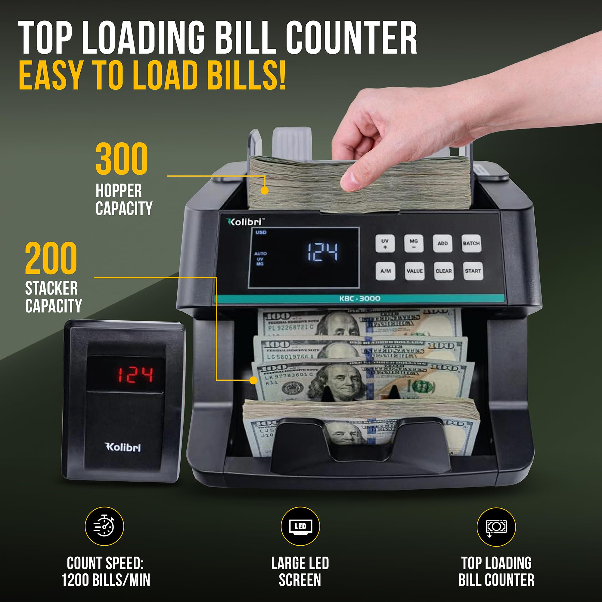 KOLIBRI Money Counter Machine I LCD Display I Business Grade I Dollar, Euro I Advanced UV/MG/IR/DD/HLF Detection I Single Denomination Value Count I 1,500 Notes/Min I 1-Year Warranty I KOLIBRI UV/MG