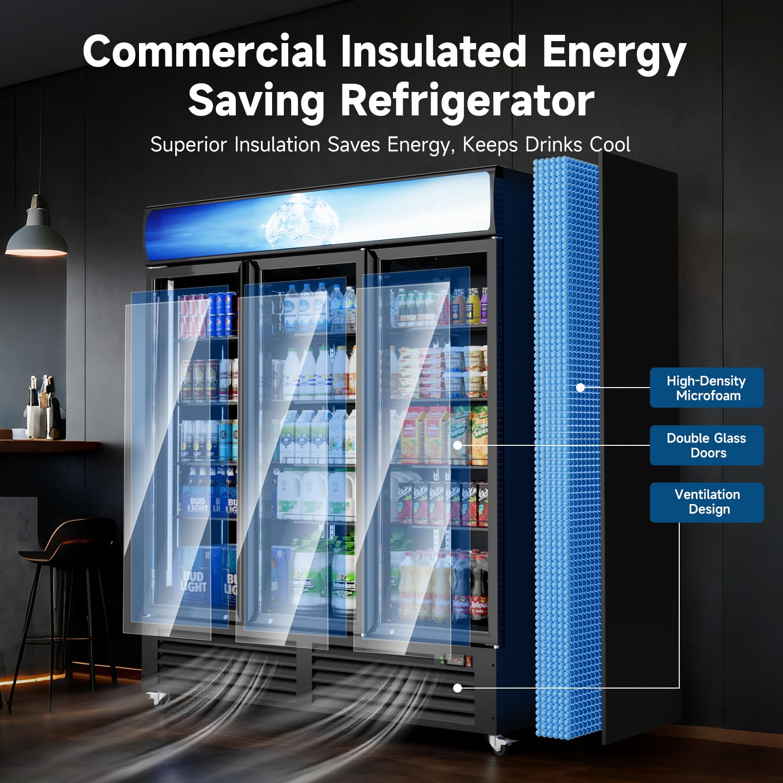 ETL & DOE Certified Commercial Beverage Refrigerator 14.8 Cu Ft, Commercial Display Fridge with Glass Door, Upright Merchandiser Refrigerator Cooler with Front LED Light for Stores, Restaurant, Office